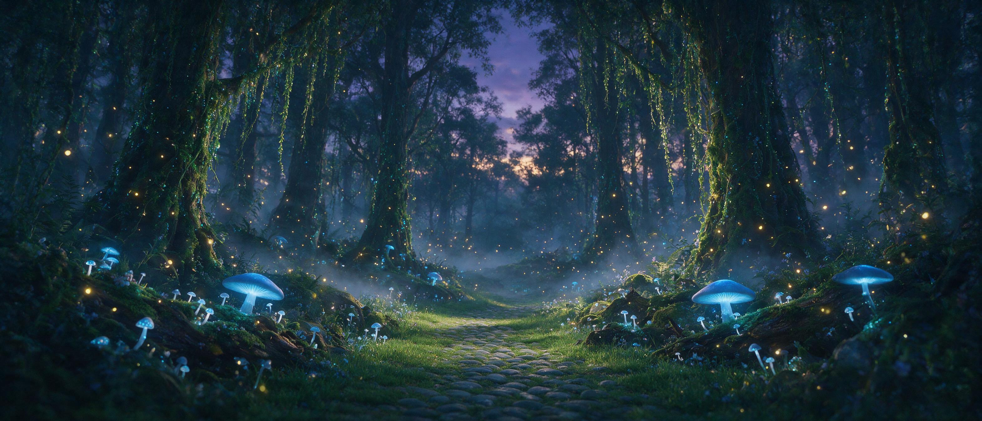 A mystical forest at twilight, glowing bioluminescent mushrooms and floating fireflies illuminate a winding path, ancient trees intertwined with shimmering vines, soft mist rising, ethereal atmosphere with warm golden light and cool blue shadows, cinematic composition, natural grain