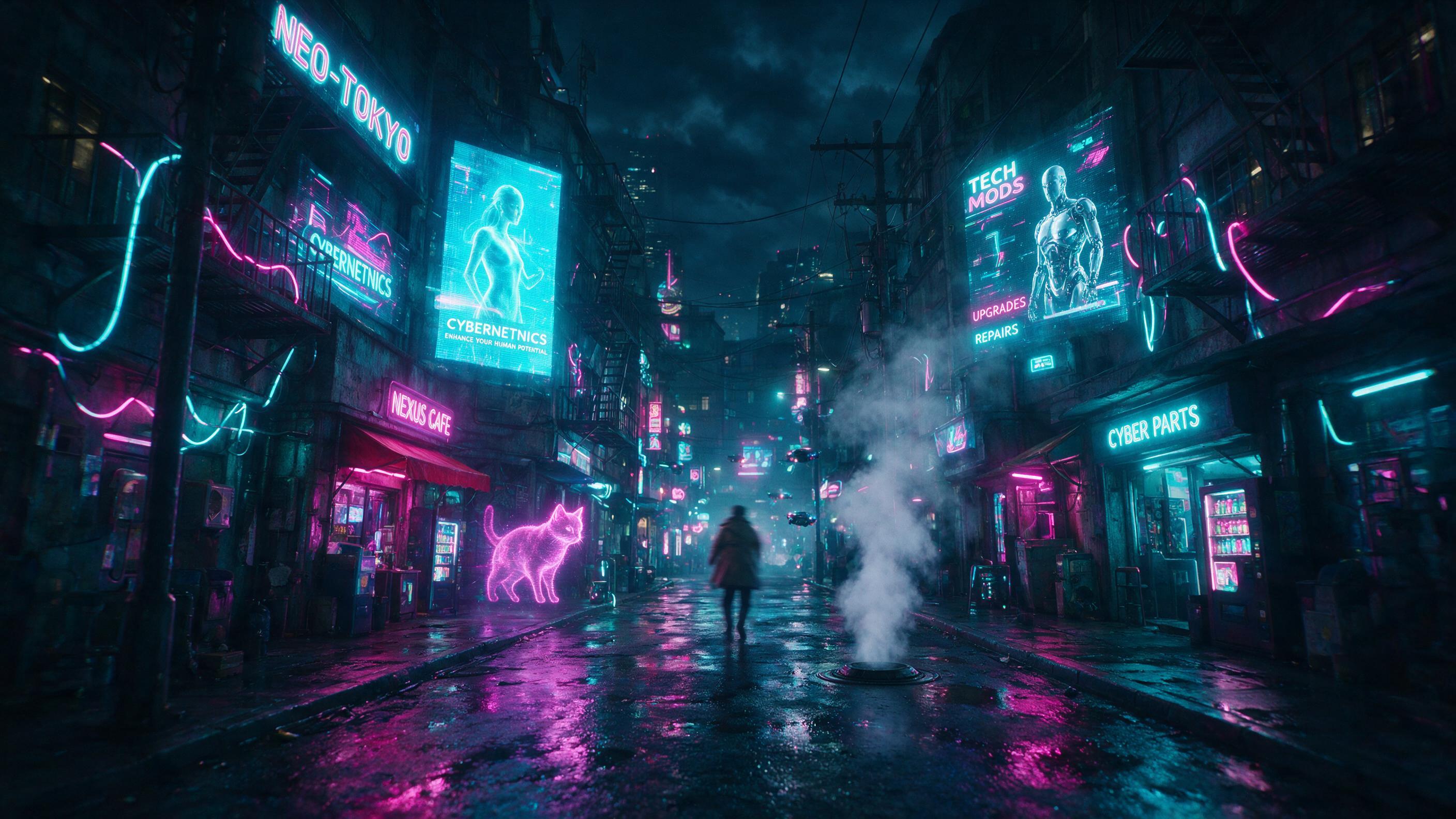 A neon-lit cyberpunk alley at midnight, rain-slicked asphalt reflecting holographic billboards, steam rising from a vent, a lone figure in a trench coat walking away, cyan and magenta lights, shallow depth of field, slight motion blur