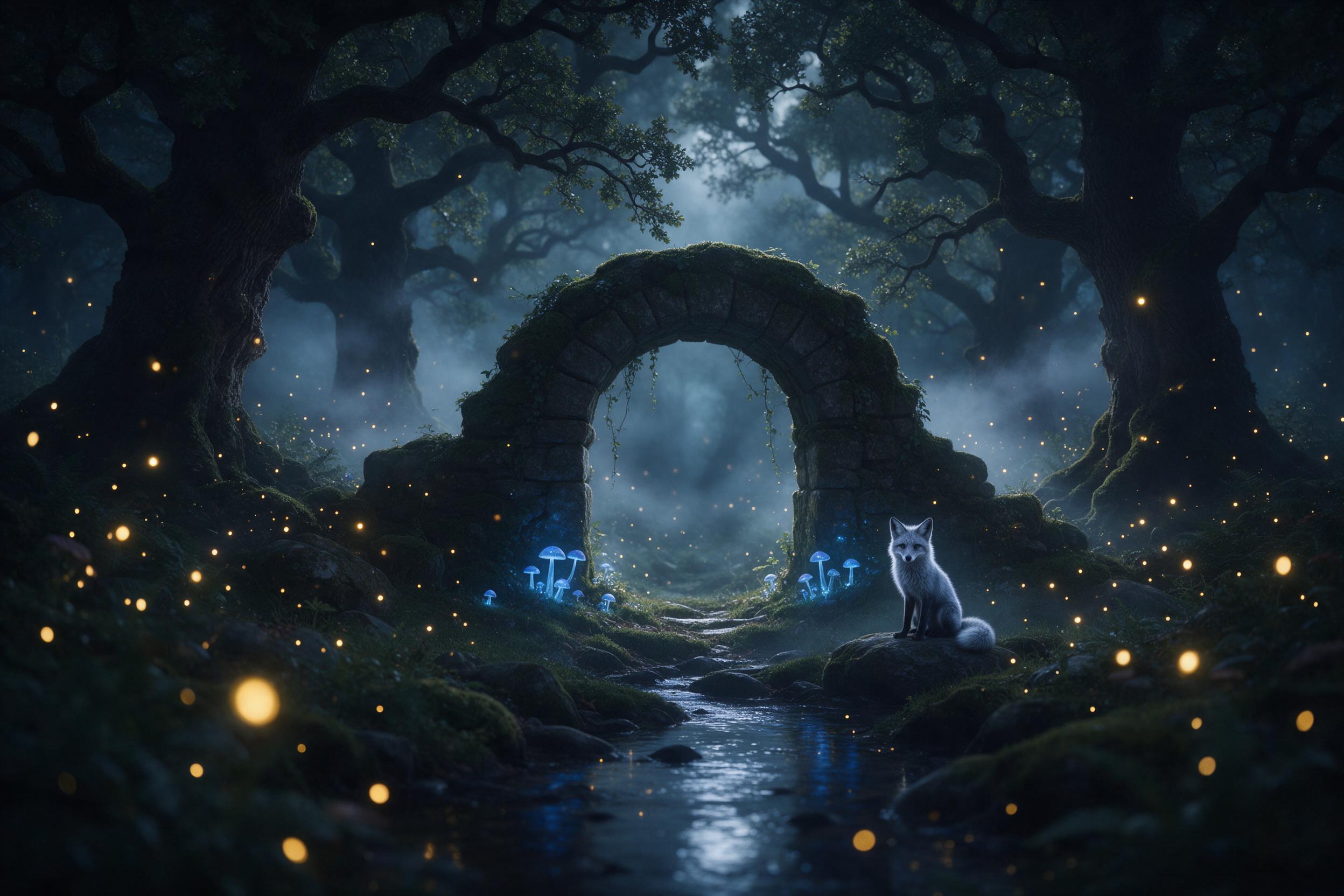 A moss-covered stone archway in an enchanted forest, glowing blue mushrooms at its base, ethereal mist swirling around ancient oak trees, a stream reflecting soft moonlight, one lone fox with silver fur seated on a rock, warm amber fireflies dancing, shallow depth of field, moody atmosphere