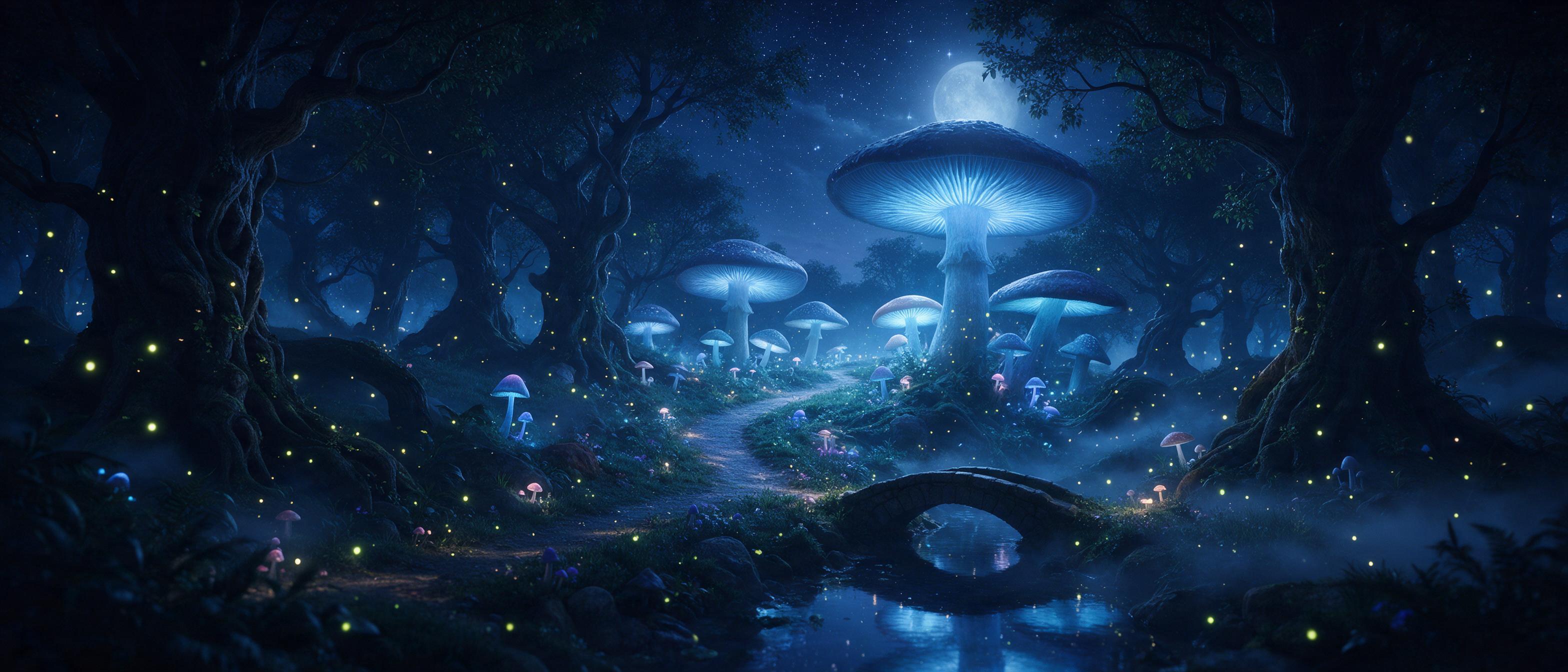 A moonlit enchanted forest where giant glowing mushrooms cast soft blue light on a winding path, ethereal fireflies drift between ancient twisted trees, a small stone bridge arches over a mirror-like stream reflecting the starry sky, mist hugging the ground, dreamy atmosphere, cinematic composition 