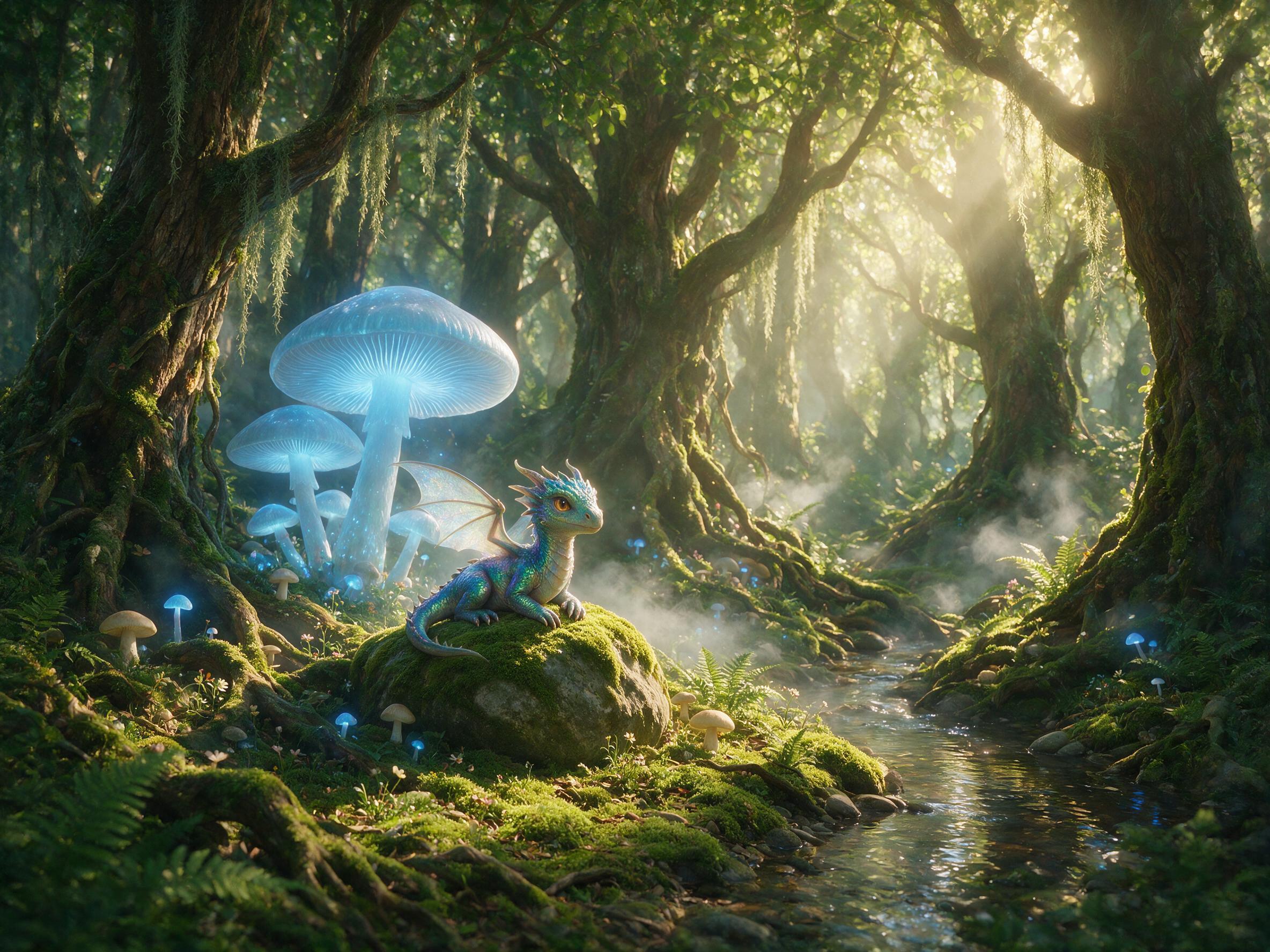 A sunlit ancient forest clearing, where giant glowing mushrooms emit soft blue light, and a small dragon with iridescent scales perches on a mossy stone. Mist weaves between gnarled roots, and a narrow stream reflects the canopy. Warm golden rays filter through leaves, creating long shadows. Shot on