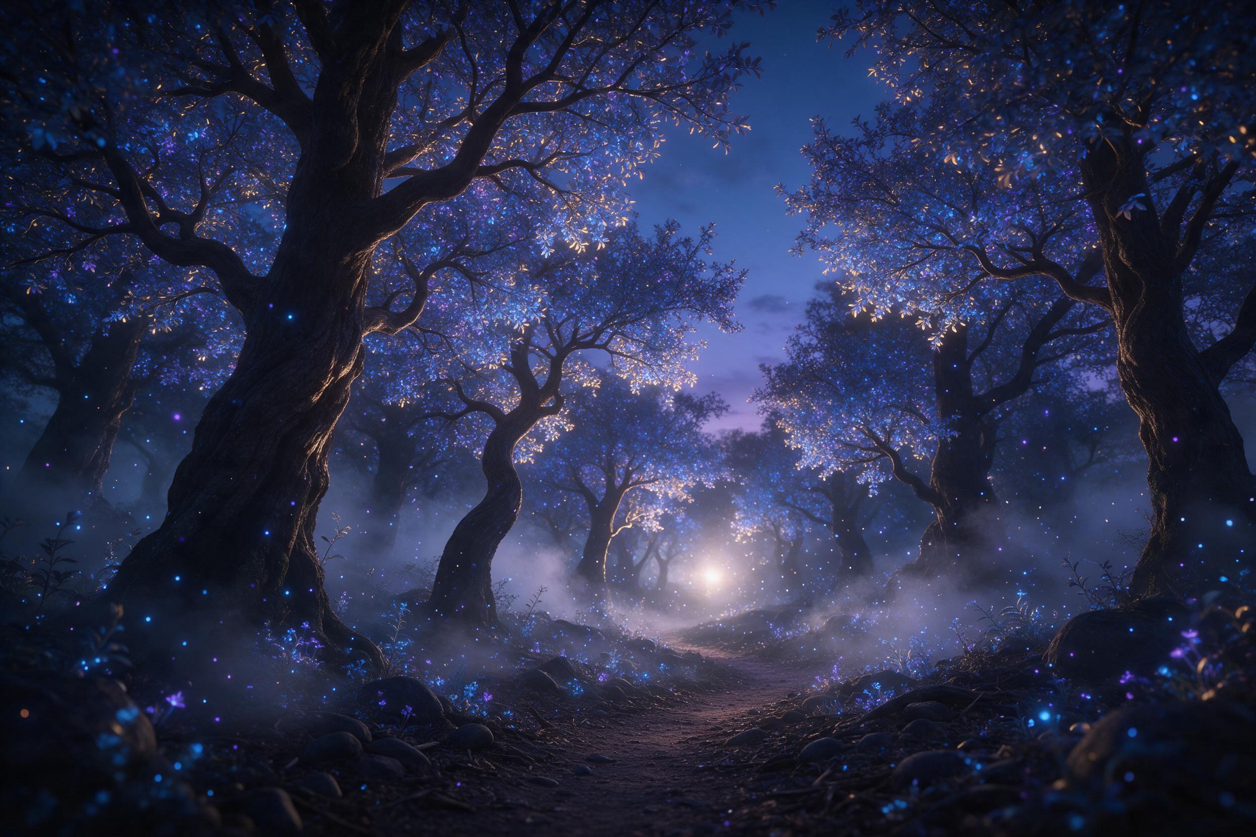 A luminous bioluminescent forest at twilight, ancient towering trees with glowing blue and violet leaves, soft mist curling between trunks, tiny glowing spores drifting in the air, a narrow winding path leading to a distant light, cinematic warm rim light on the leaves, cool blue ambient fill, shall
