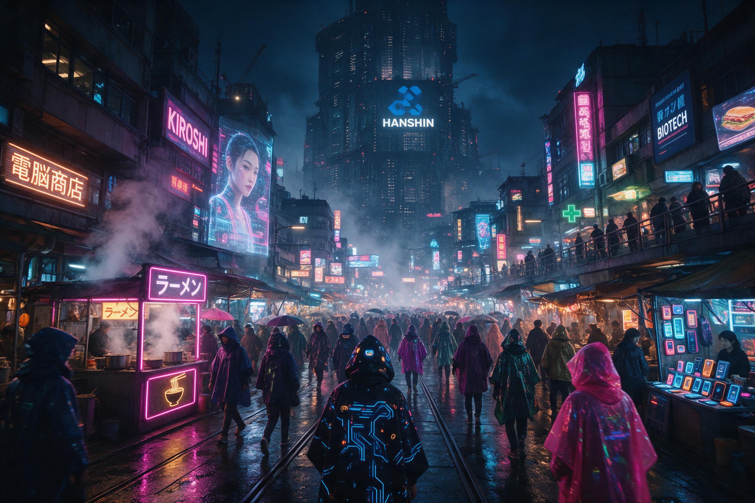 A bustling neon-lit cyberpunk market street at night, rain-slicked asphalt reflecting holographic ads in magenta and cyan, steaming noodle stalls, figures in hightech ponchos, cinematic composition with leading lines toward a towering megastructure, atmospheric haze, slight motion blur from passersb