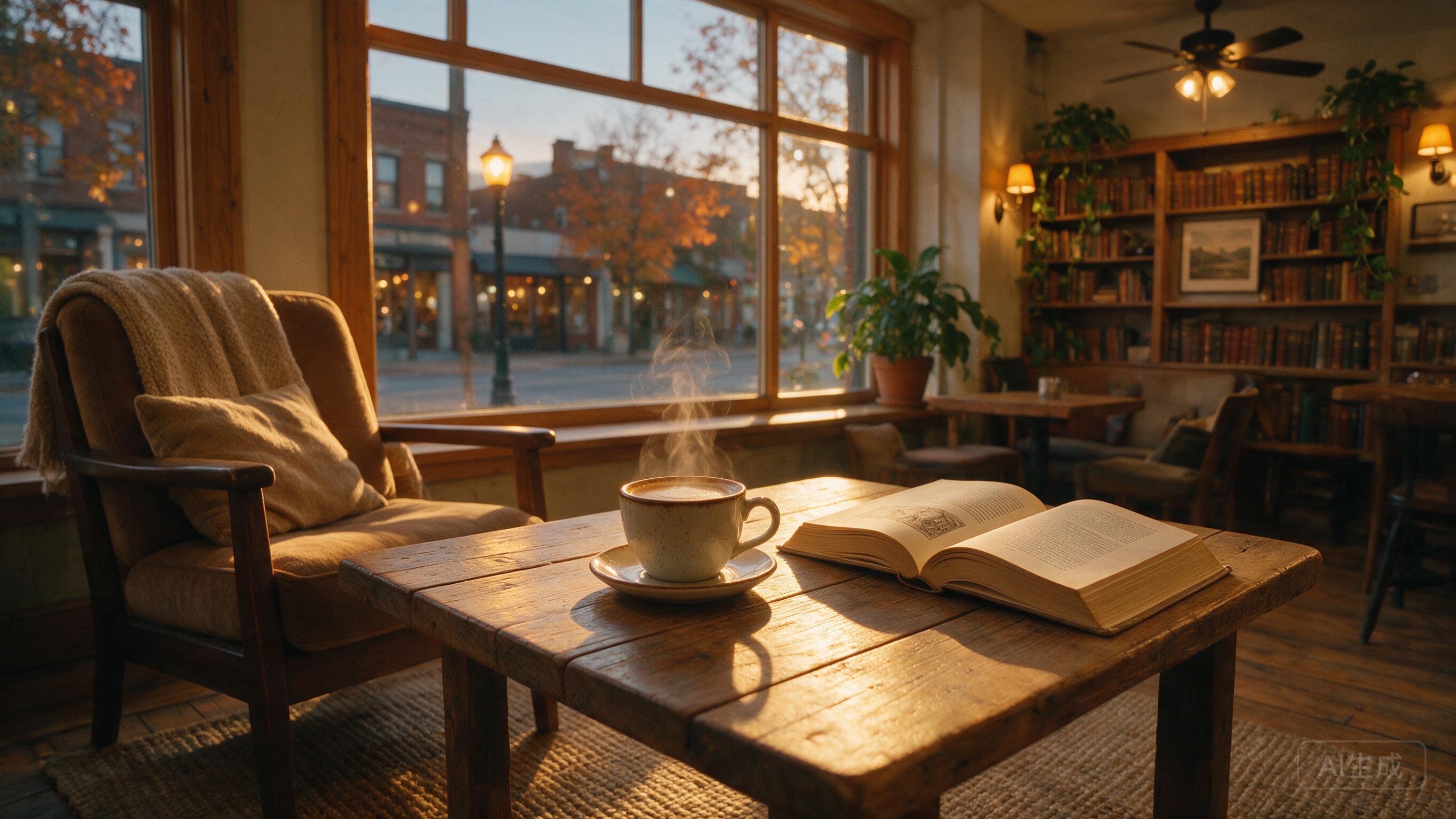A cozy, warm-lit cafe interior at dusk, soft golden light streaming through a large window, steam rising from a ceramic coffee cup on a wooden table, a book open beside it, shallow depth of field, film grain, slightly muted earth tones, natural ambient lighting, no people, peaceful atmosphere