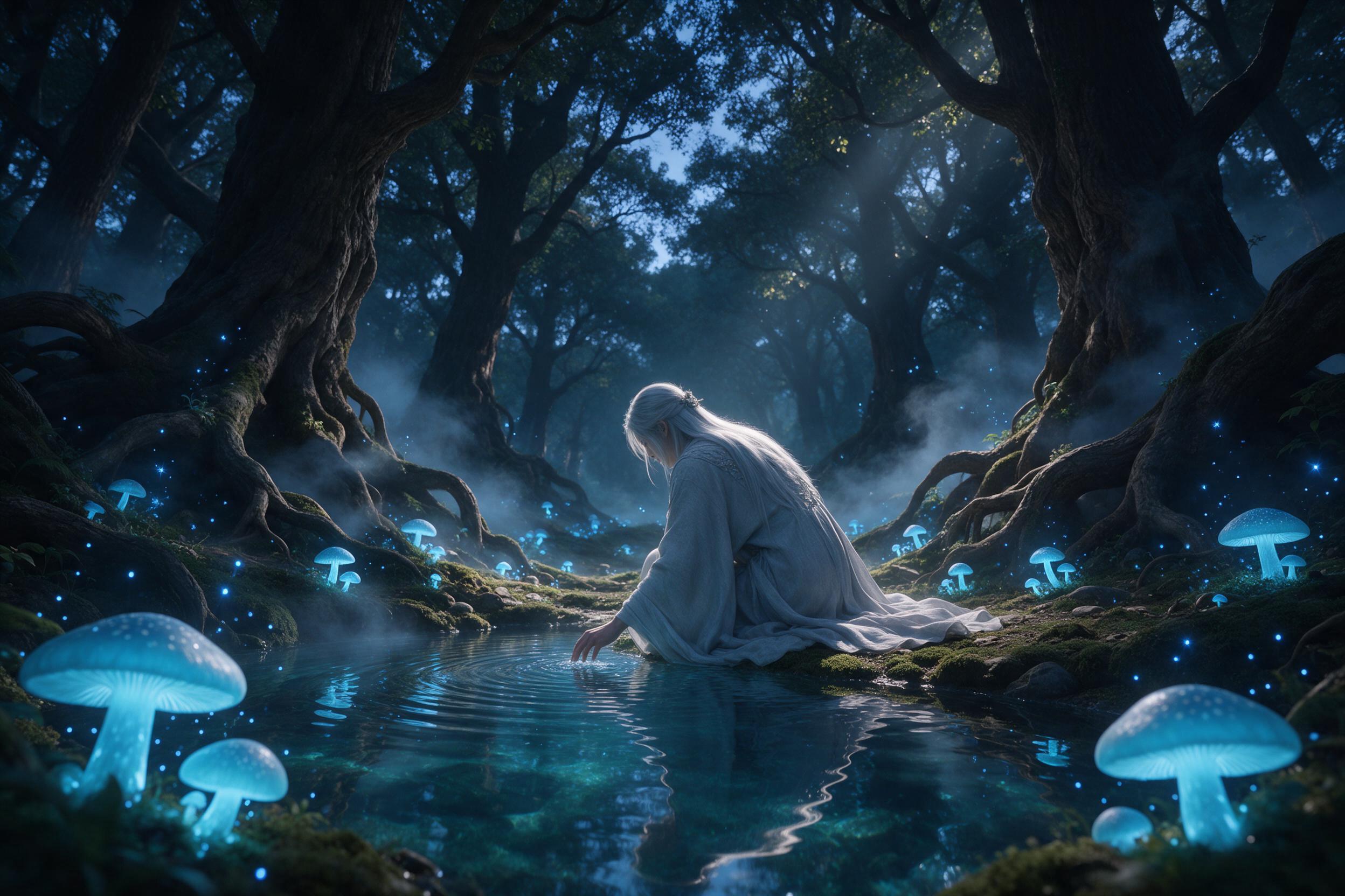 In a twilight forest, glowing blue mushrooms line a mossy path, their spores drifting like tiny stars. A silver-haired figure in a flowing robe kneels, touching a crystal-clear pond. Mist weaves between gnarled roots, soft volumetric light filters through canopy. Composition: low-angle, figure cente
