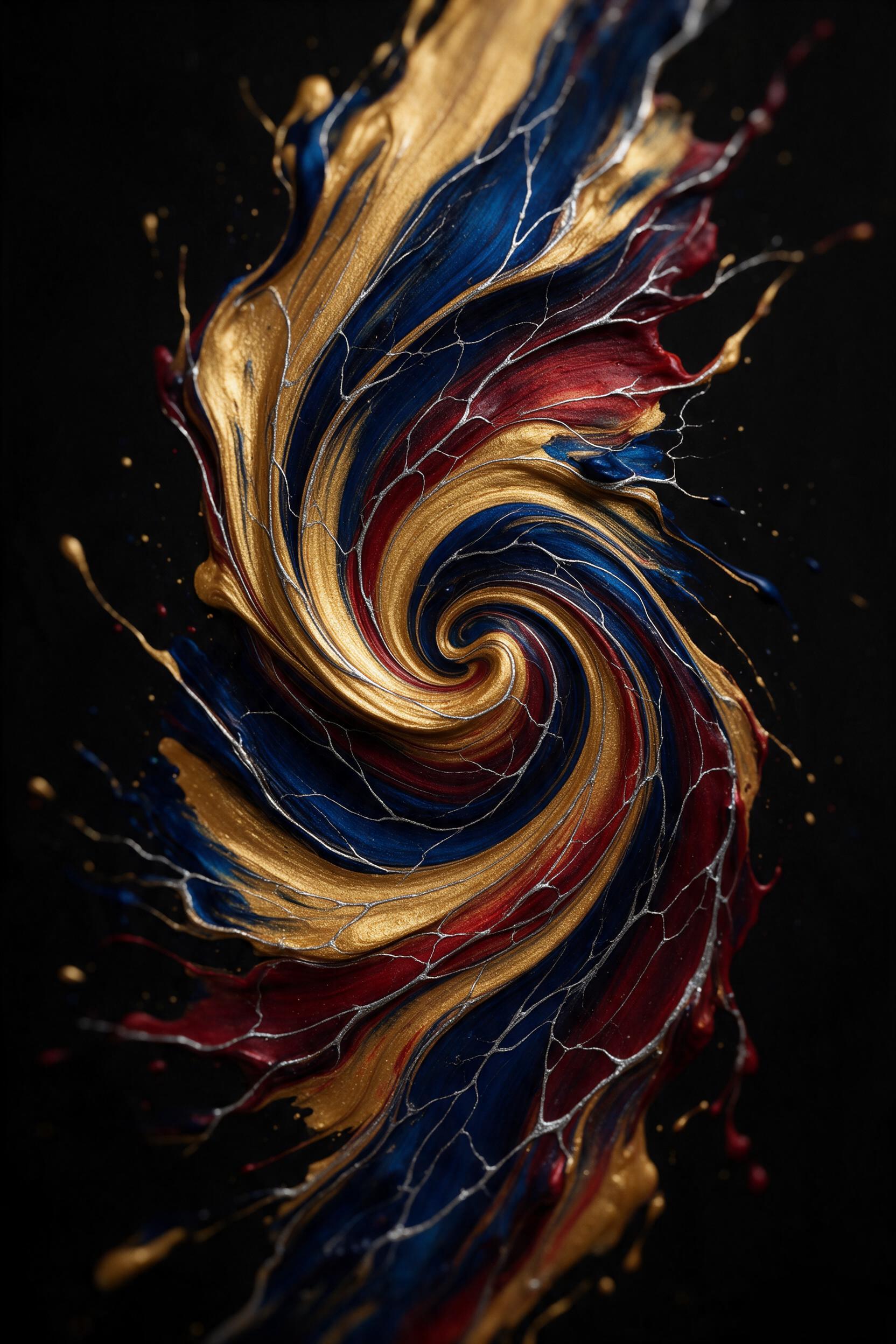 Fluid acrylic paint swirls in molten gold, deep sapphire blue, and crimson, with delicate silver veins, soft focus toward edges, dramatic side lighting casting long shadows, minimalist composition on a black background, texture of thick paint strokes visible, elegant and contemporary art piece