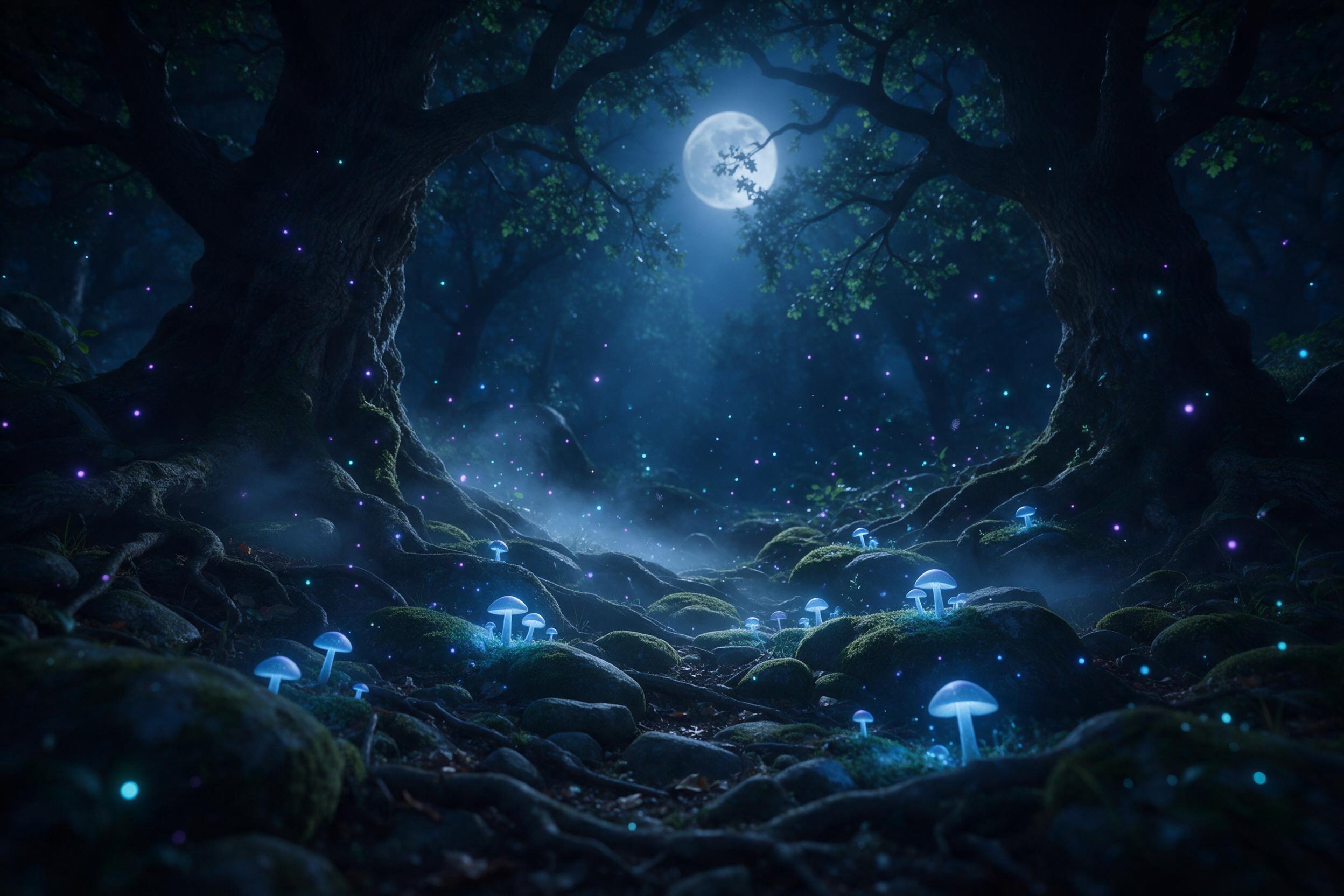 A moonlit ancient forest glade where bioluminescent mushrooms cast soft blue light on mossy stones, a faint mist weaves between gnarled oak roots, delicate fireflies drift, shimmering purple and cyan, in the quiet air, gentle moonbeams filter through canopy, atmospheric depth, serene and otherworldl