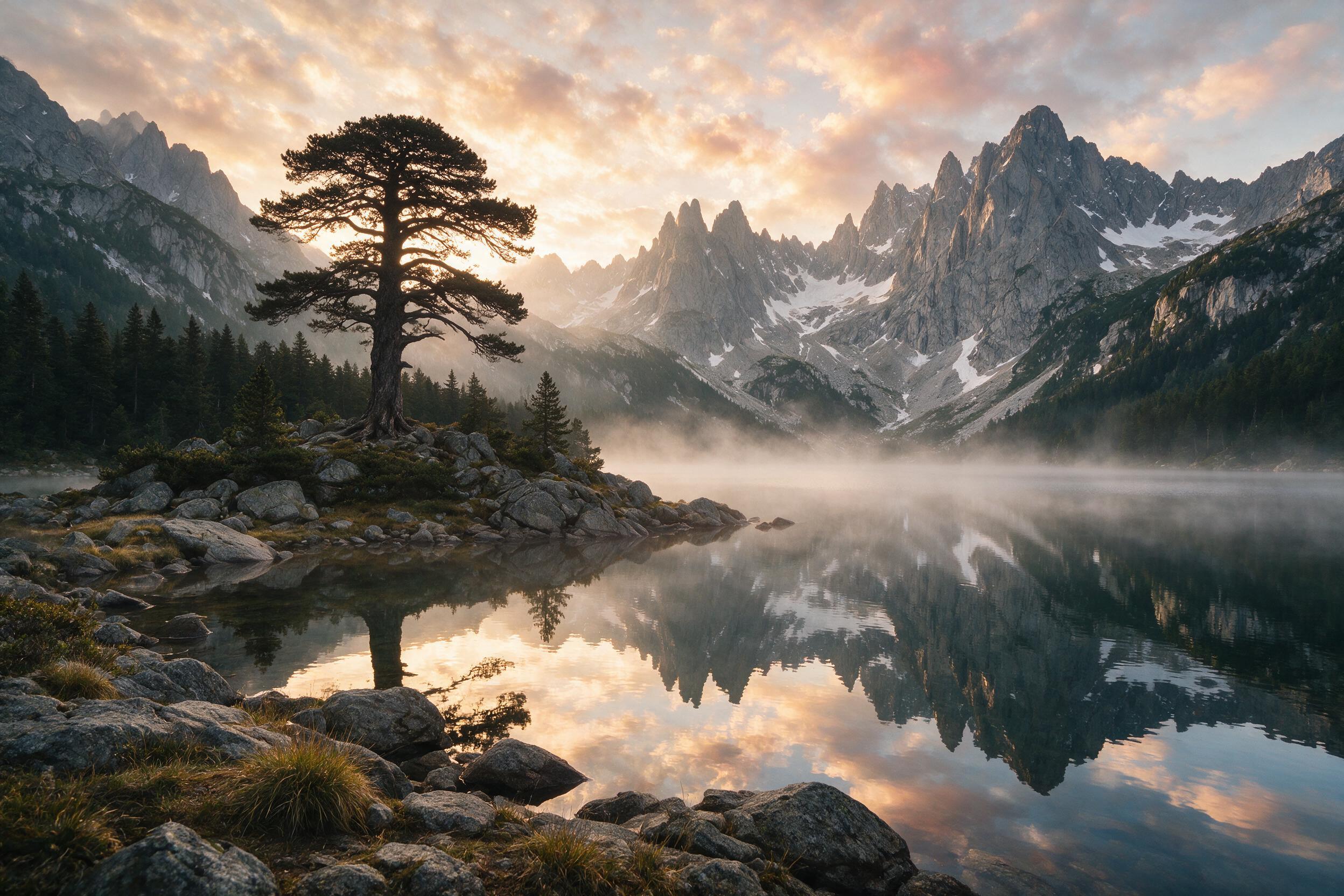 A misty alpine lake at dawn, mirror-like water reflecting jagged granite peaks, soft golden light filtering through clouds, a lone pine tree silhouette on the shore, gentle ripples from a light breeze, natural color palette, high contrast, atmospheric perspective.