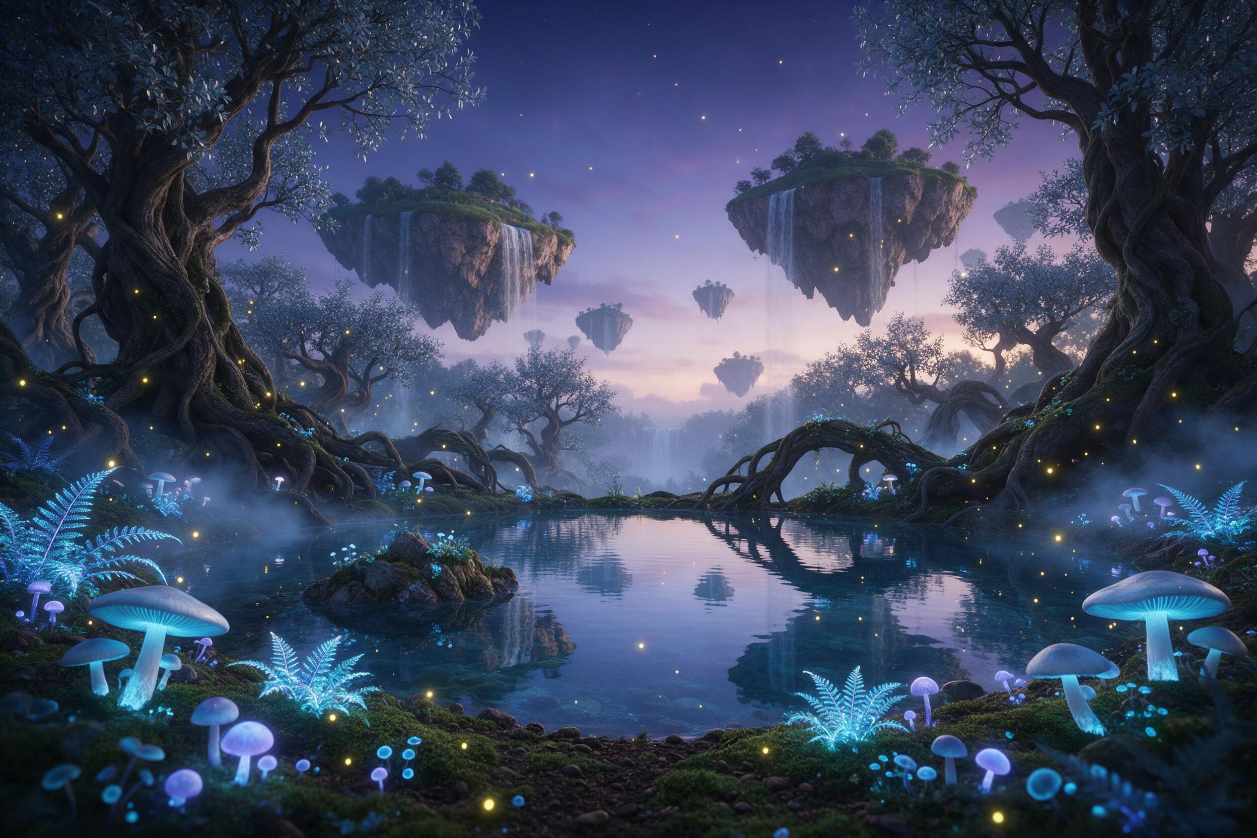 Enchanted forest clearing at twilight, bioluminescent mushrooms and glowing ferns casting soft blue and violet light, a crystal-clear pond mirroring a sky filled with floating islands and gentle waterfalls, ancient twisted trees with silver leaves, delicate mist curling around roots, fireflies drift