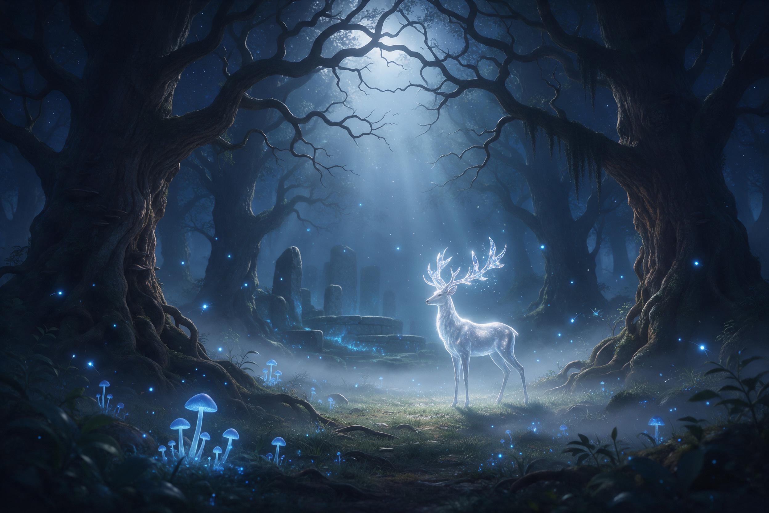 A moonlit ancient forest clearing, glowing blue mushrooms and floating fireflies, a shimmering silver stag with crystal antlers stands in the mist, light rays filtering through twisted branches, ethereal atmosphere, soft focus, fantasy art