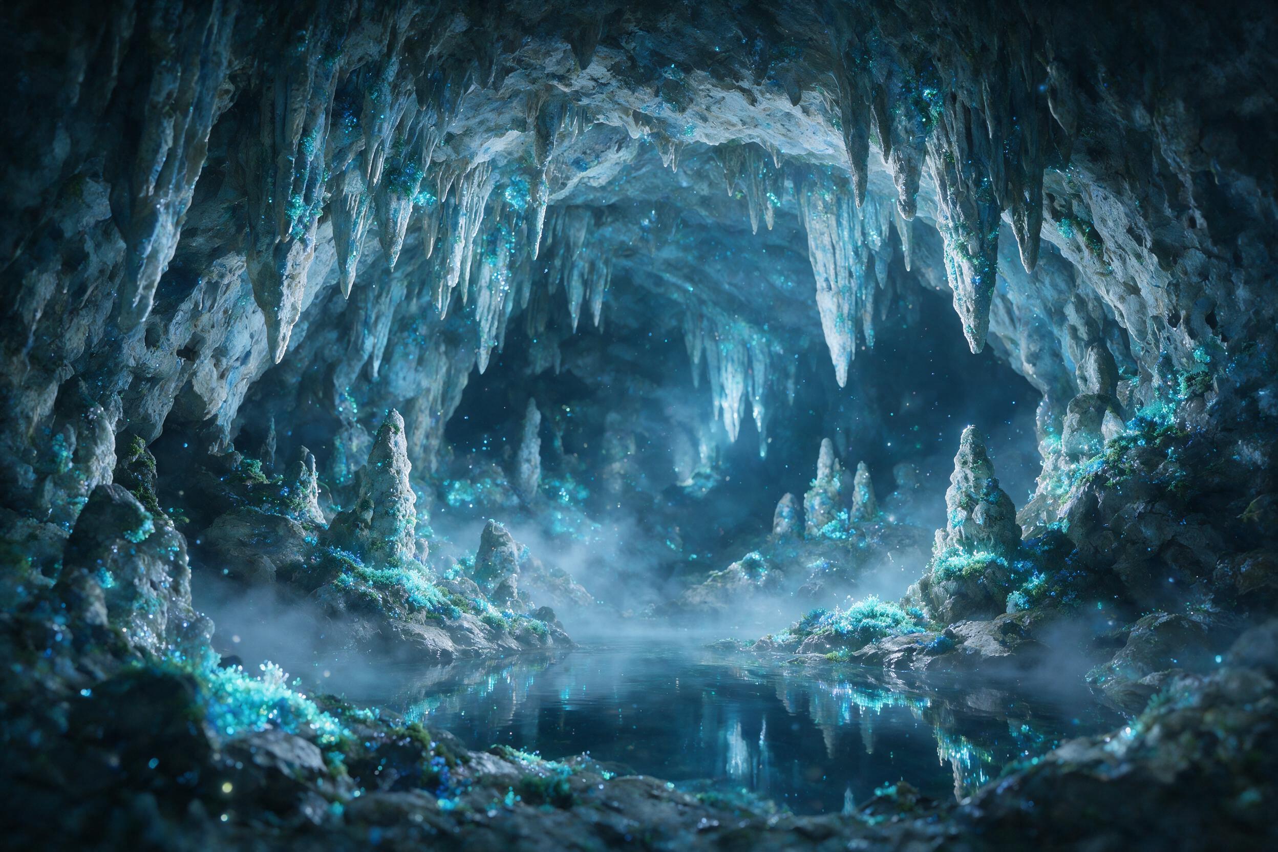A luminous crystal cave deep underground, bioluminescent moss covering jagged stalactites, pale blue light casting soft shadows on a still pool of water, ethereal mist swirling, subtle particle effects, natural cave texture, no harsh edges, soft focus in the background.