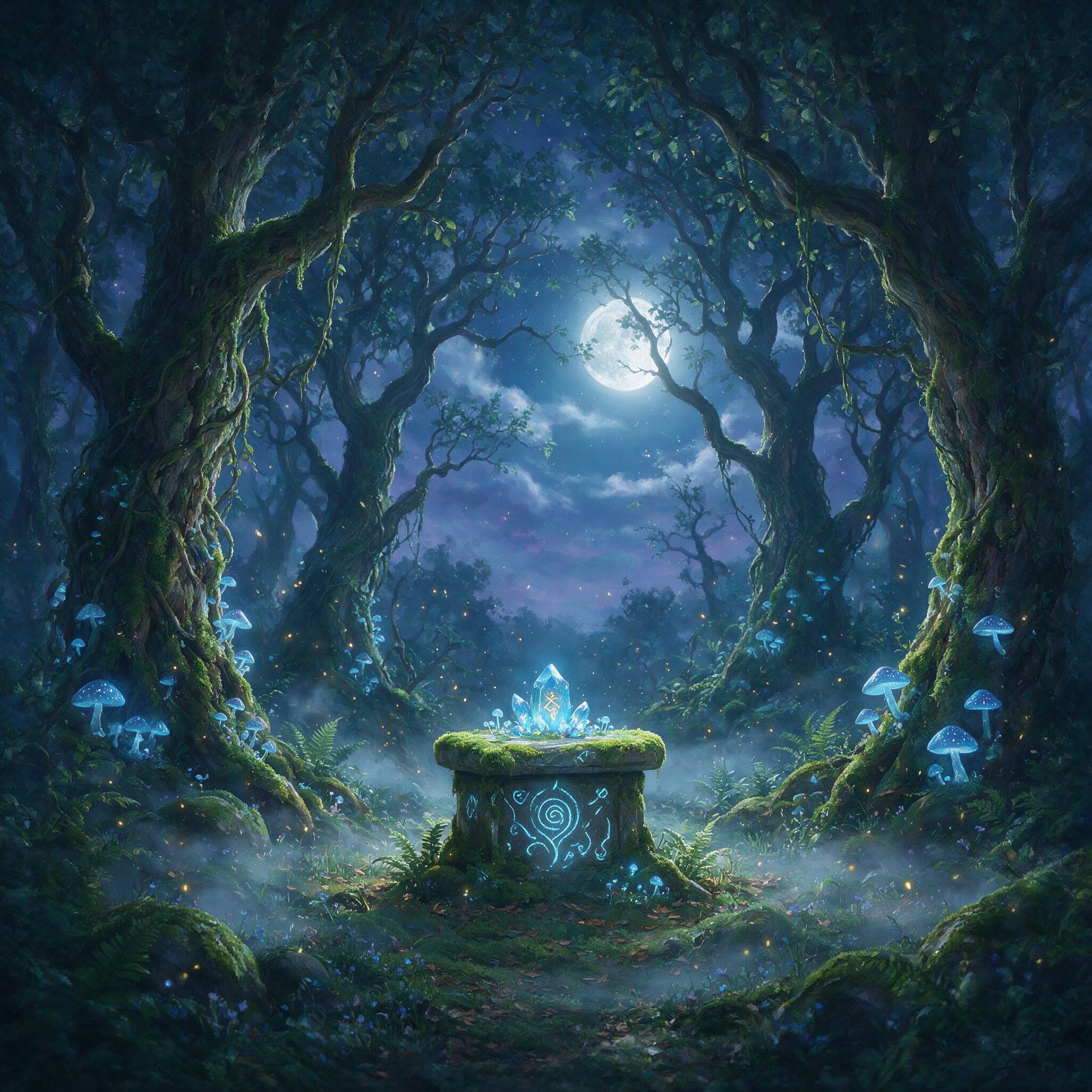 A moonlit enchanted forest clearing, ancient gnarled trees with glowing blue mushrooms at their roots, a silver mist curling between ferns, a small stone altar covered in moss and glowing runes, soft volumetric light filtering through canopy, fireflies drifting, painterly style with rich detail, cal