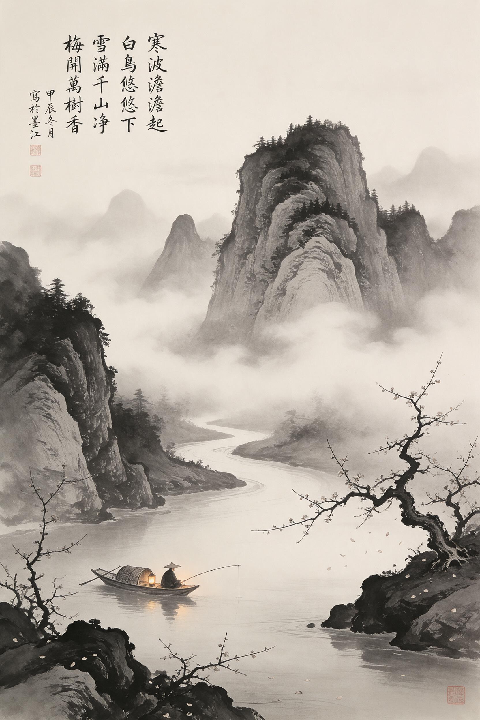 Ink wash landscape in Shuimo style, misty mountains layered with drifting clouds along a winding river, lone fisherman's boat with lantern glow, sparse plum blossoms on rocky banks, soft diffused light, heavy atmosphere, traditional scroll composition with ample negative space, monochrome palette wi