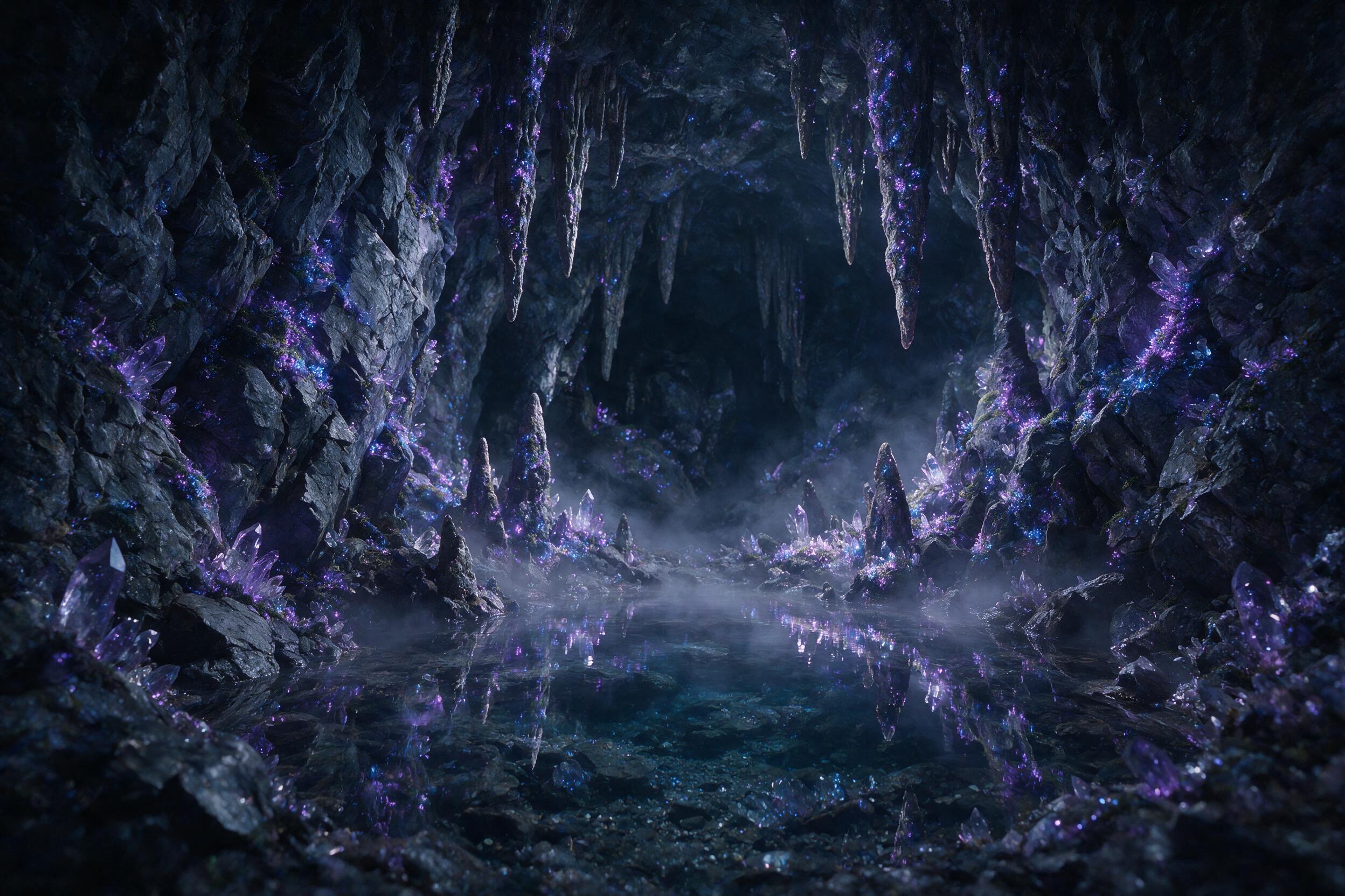 A luminous crystal cave deep underground, glowing purple and blue bioluminescent moss covers the jagged walls, a small still pool reflects the ethereal light, mist drifts gently, soft shadows, medium shot, wide angle lens.