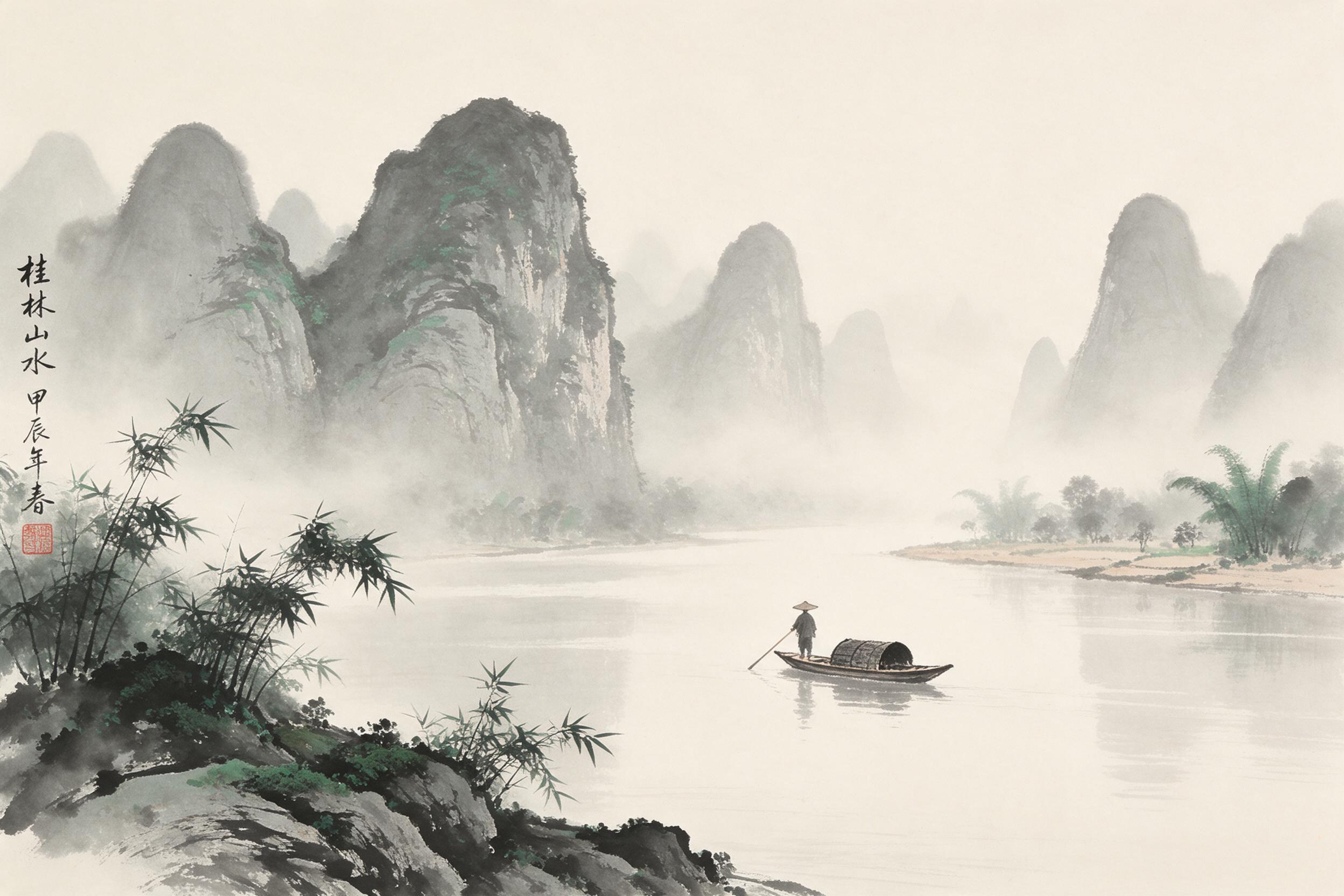 Chinese ink wash painting of misty karst mountains in Guilin, layered ridges fading into pale fog, a lone fisherman in a narrow boat rowing on calm river, minimalist brushstrokes with subtle grey and emerald tones, soft morning light, blank space evoking quiet solitude.