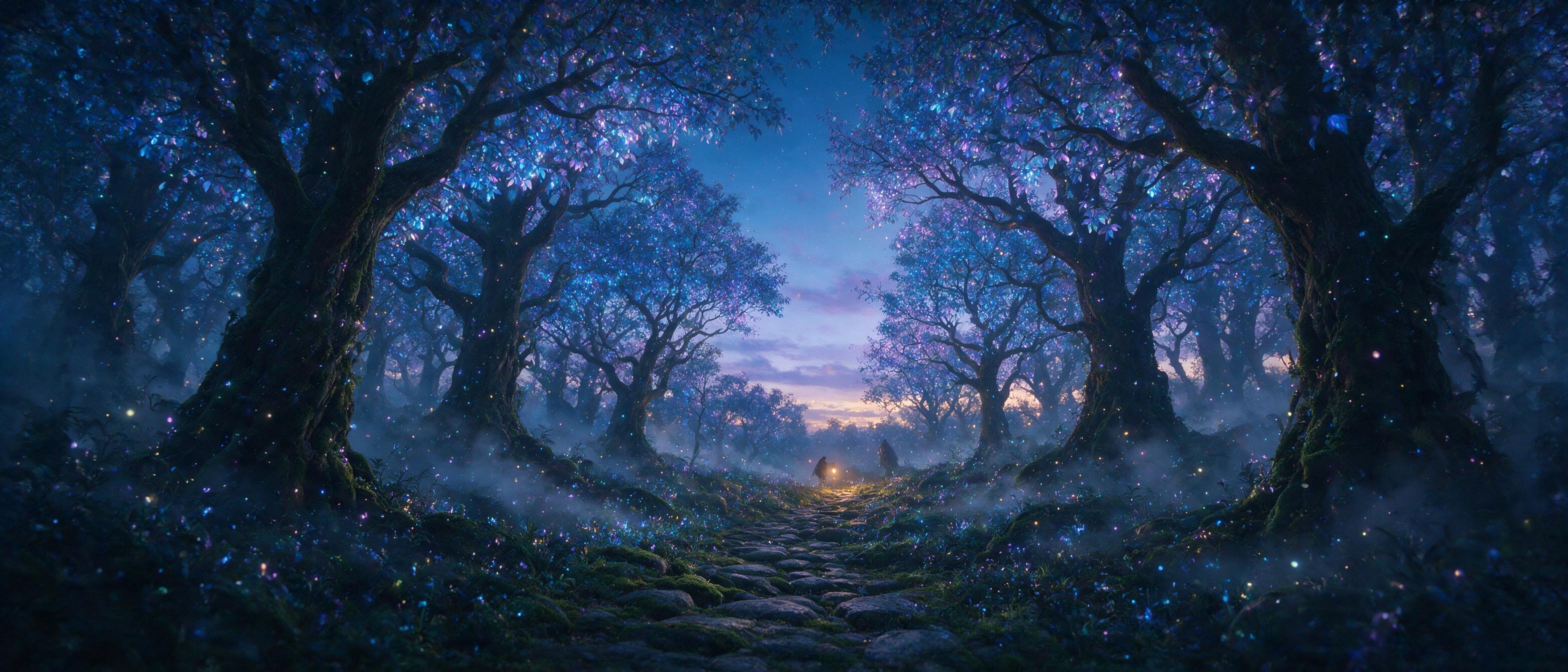A bioluminescent forest at twilight, ancient trees with glowing blue and violet leaves, floating spores like tiny stars, a winding path of moss-covered stones, soft mist weaving between trunks, a lone cloaked figure with a lantern in the distance, cool tones with warm amber accent light, cinematic d