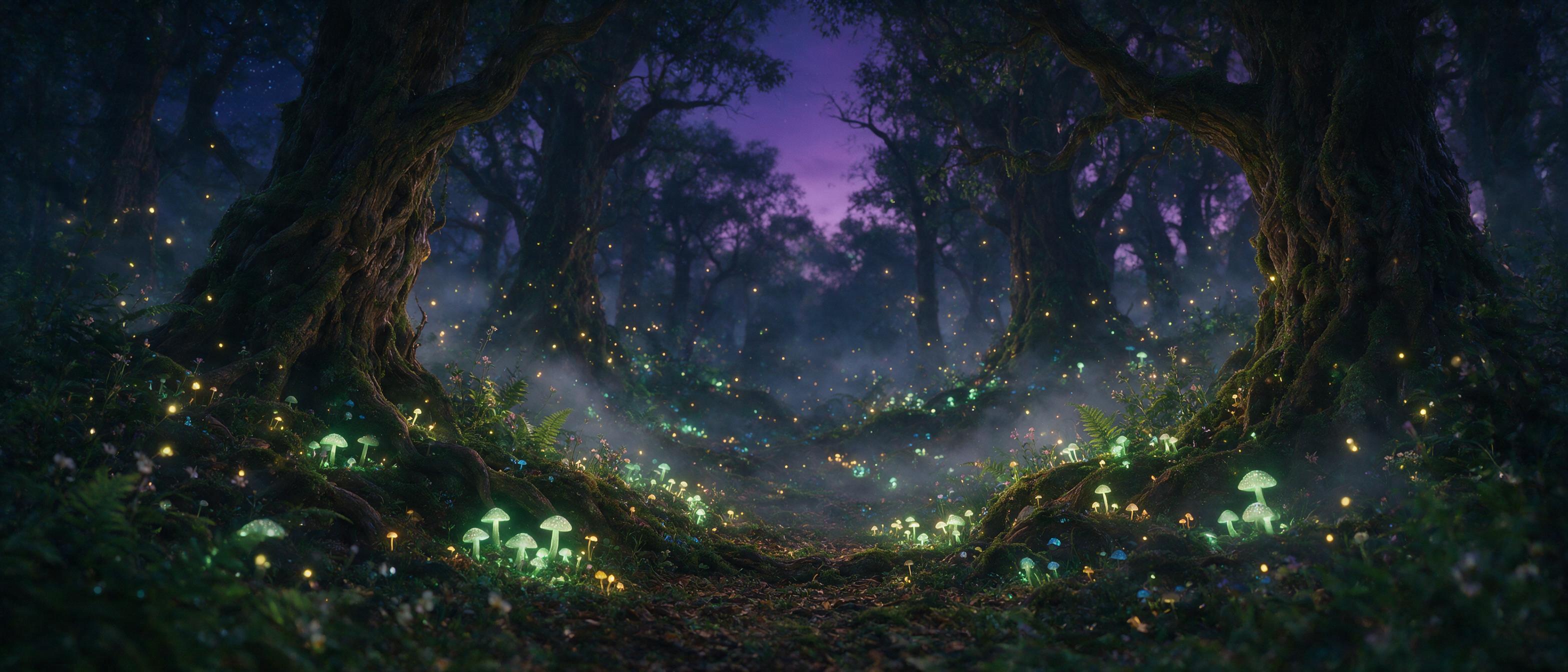 Enchanted forest at twilight, glowing bioluminescent mushrooms and floating fireflies, ancient gnarled trees with moss-covered roots, soft mist weaving through the undergrowth, warm golden light from the mushrooms contrasting with deep purple twilight sky, shallow depth of field, cinematic compositi