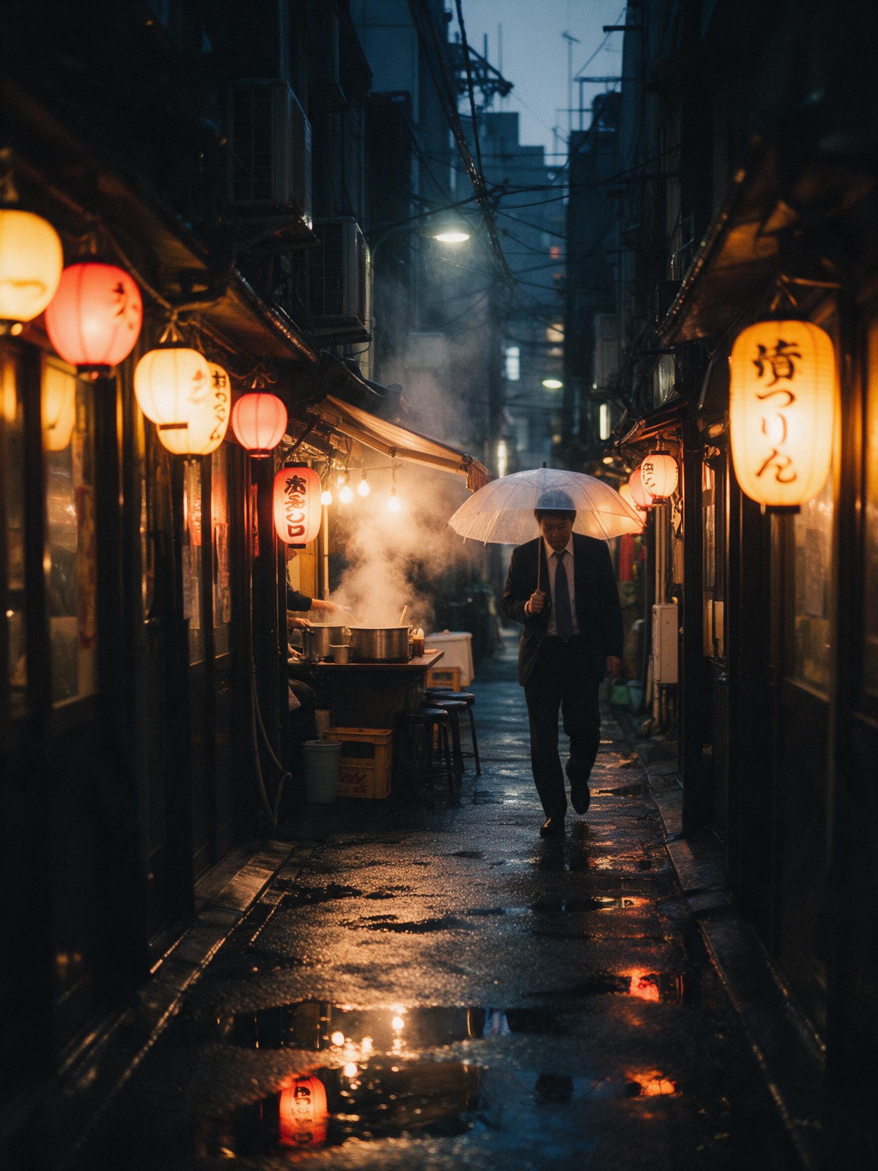 A rain-soaked Tokyo alley at dusk, glowing lanterns reflect in puddles, steam rises from a ramen stand, a lone salaryman walks under translucent umbrella, motion blur from slight camera shake, warm tungsten light against cool blue twilight, natural film grain.