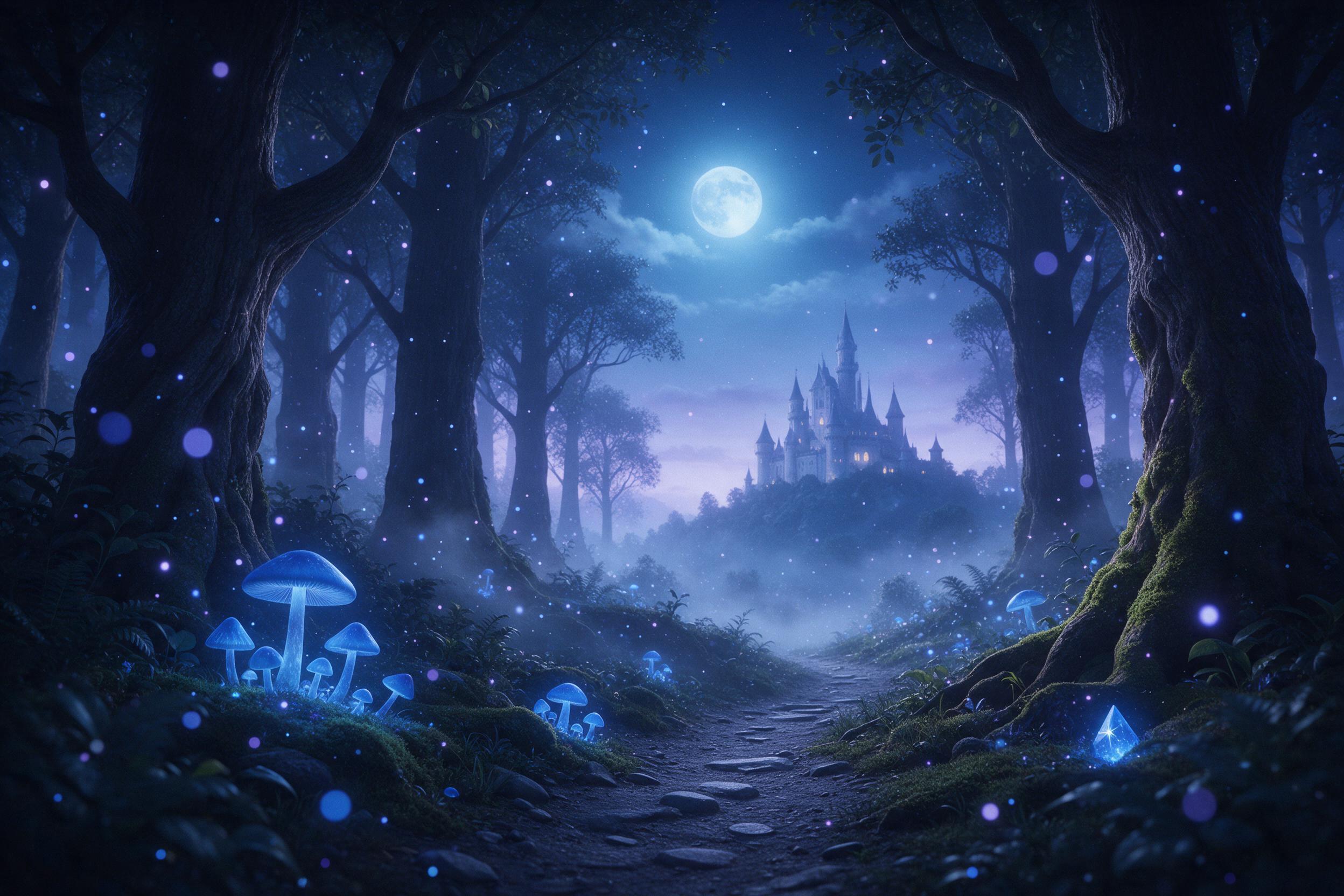 A moonlit enchanted forest with glowing blue mushrooms and a winding path leading to a distant castle, mist rising between ancient trees, soft magical particles floating in air, cool blue and purple tones, ethereal atmosphere, gentle backlighting from the moon, slight grain for depth