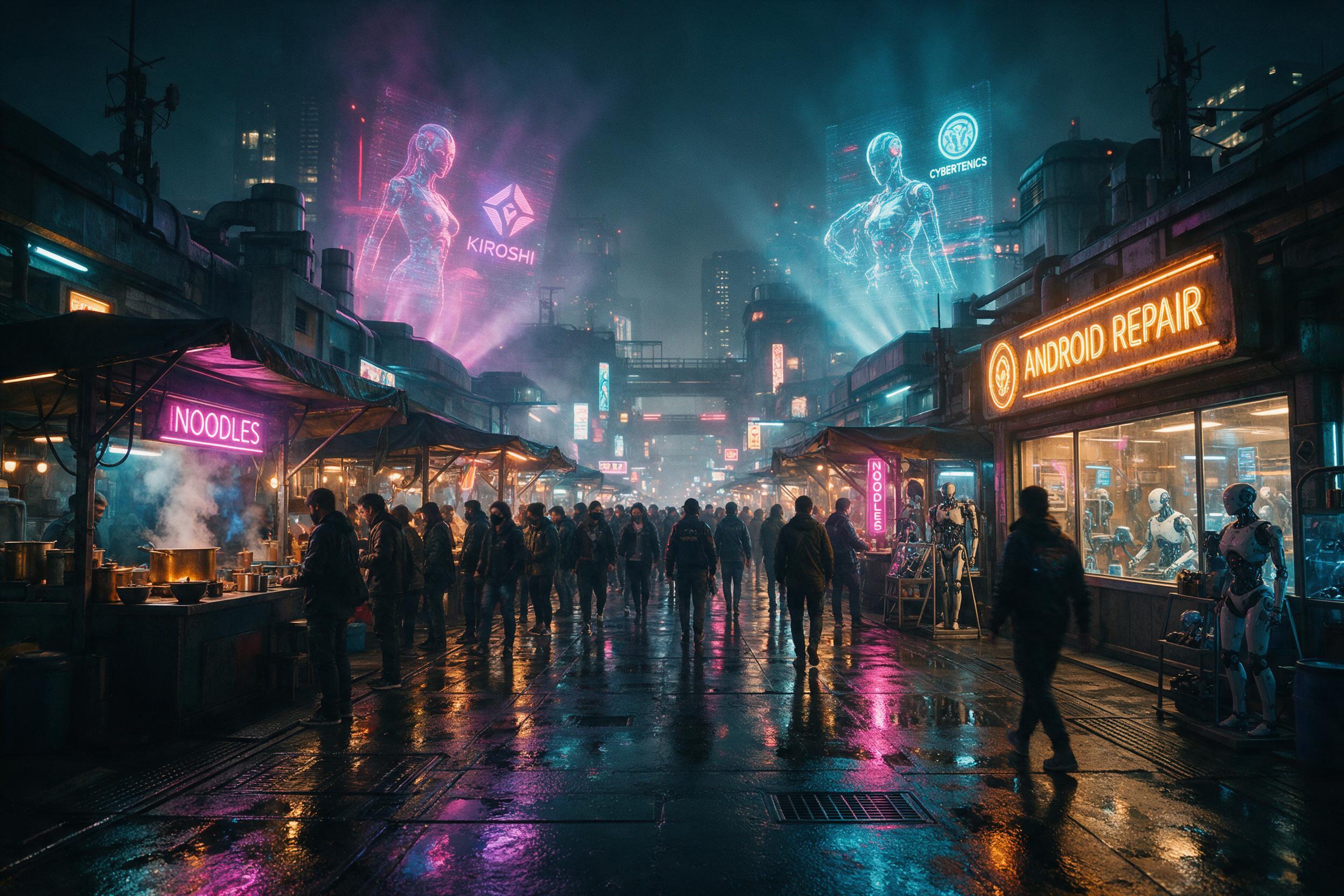 A neon-lit cyberpunk street market at night, holographic advertisements projecting from alloyed rooftops, shoulder-height crowd milling near noodle stalls with steam, reflections slicking rain-slicked pavement, a lone android repair shop glowing amber, techno haze, slight motion blur