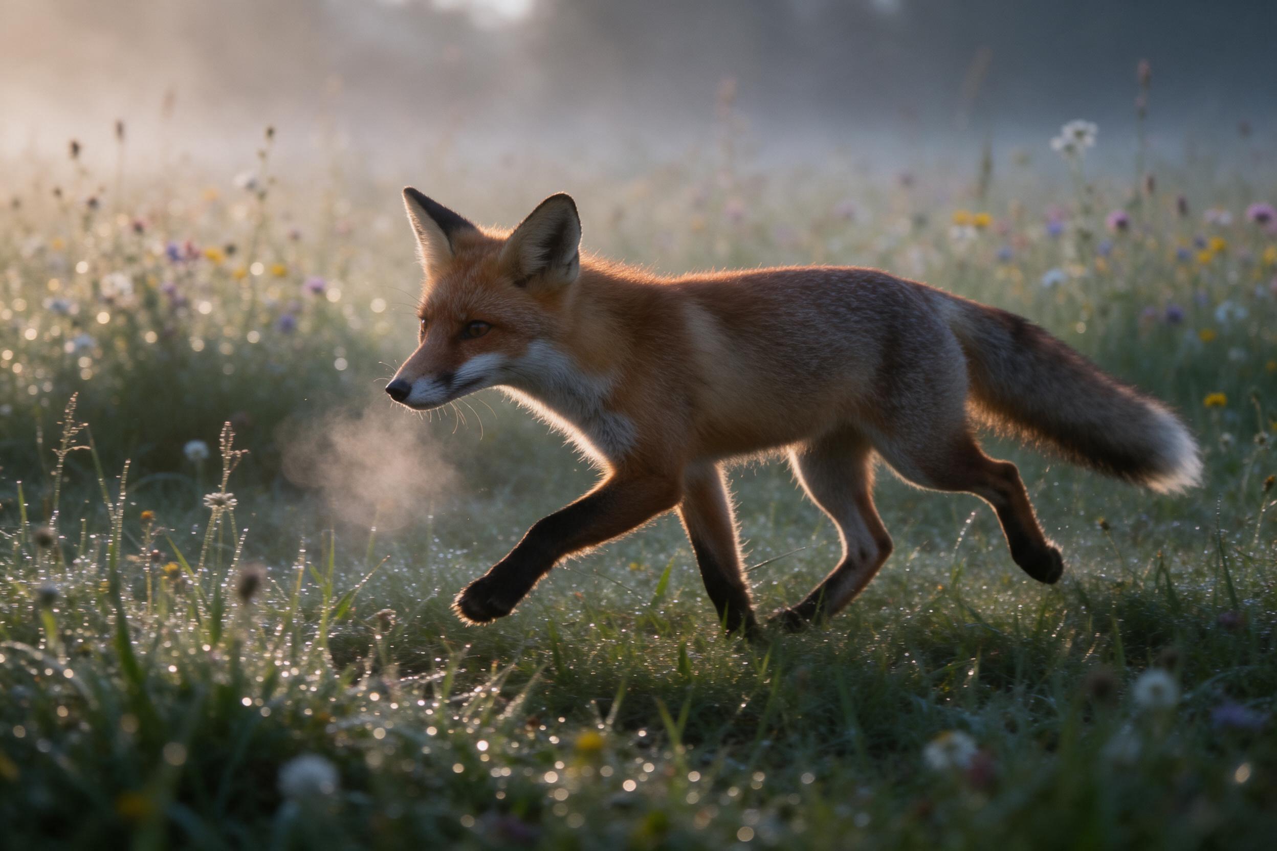 A red fox trotting across a misty, dew-covered meadow at dawn, fur catching golden side light, breath visible in cool air, soft bokeh of wildflowers in background, shallow depth of field, slight camera shake, natural grain