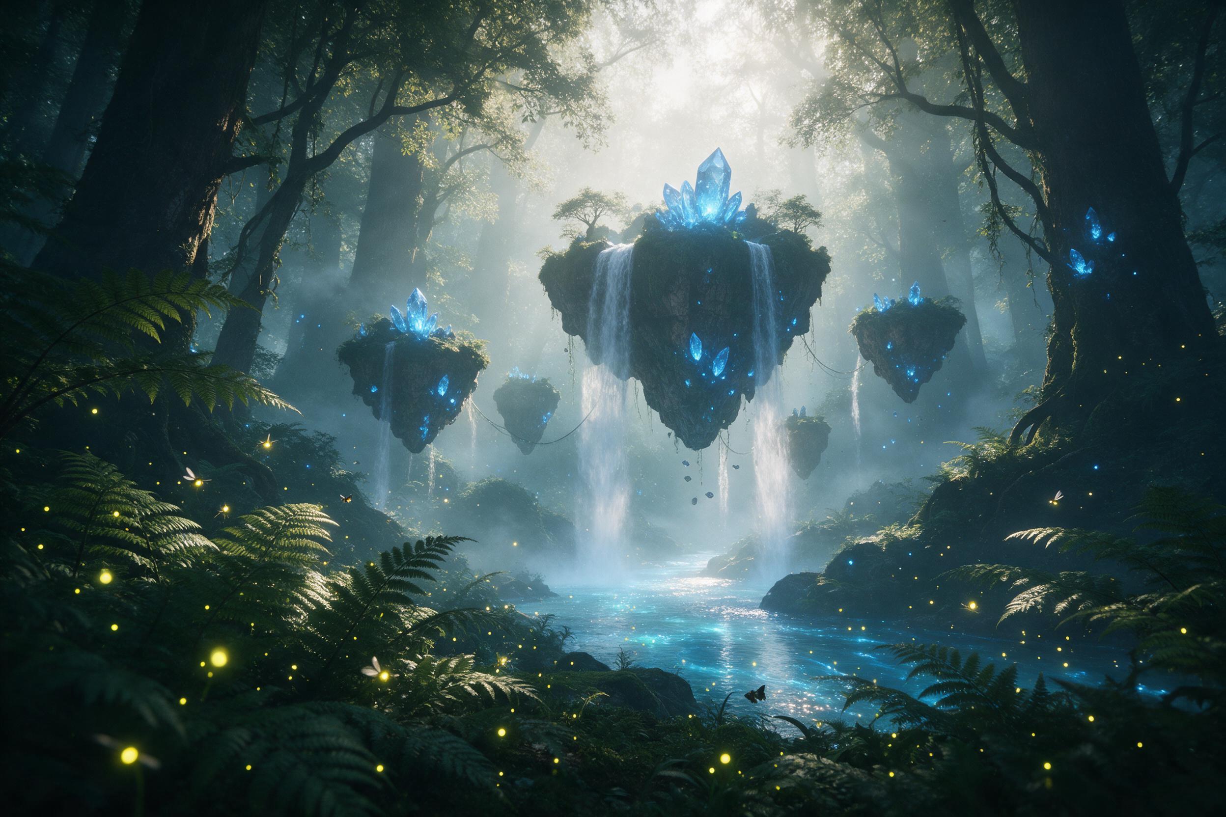 In an ancient forest, a misty morning reveals floating islands with glowing blue crystals, waterfalls cascading into a luminous river below, fireflies dancing among giant ferns, soft ethereal light breaking through canopy, dreamlike atmosphere, fine art photography