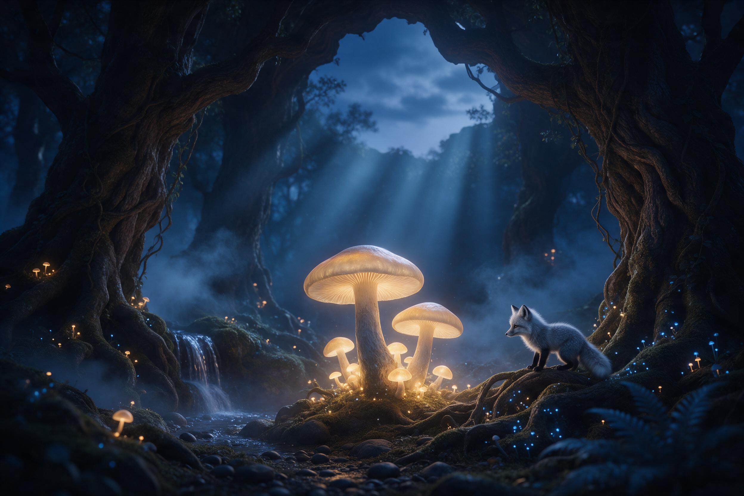 A bioluminescent forest at twilight, giant glowing mushrooms casting soft blue light on mossy ground, mist swirling between ancient gnarled trees, a tiny fox with silver fur watching from a root, volumetric god rays through canopy, shallow depth of field, etherial atmosphere