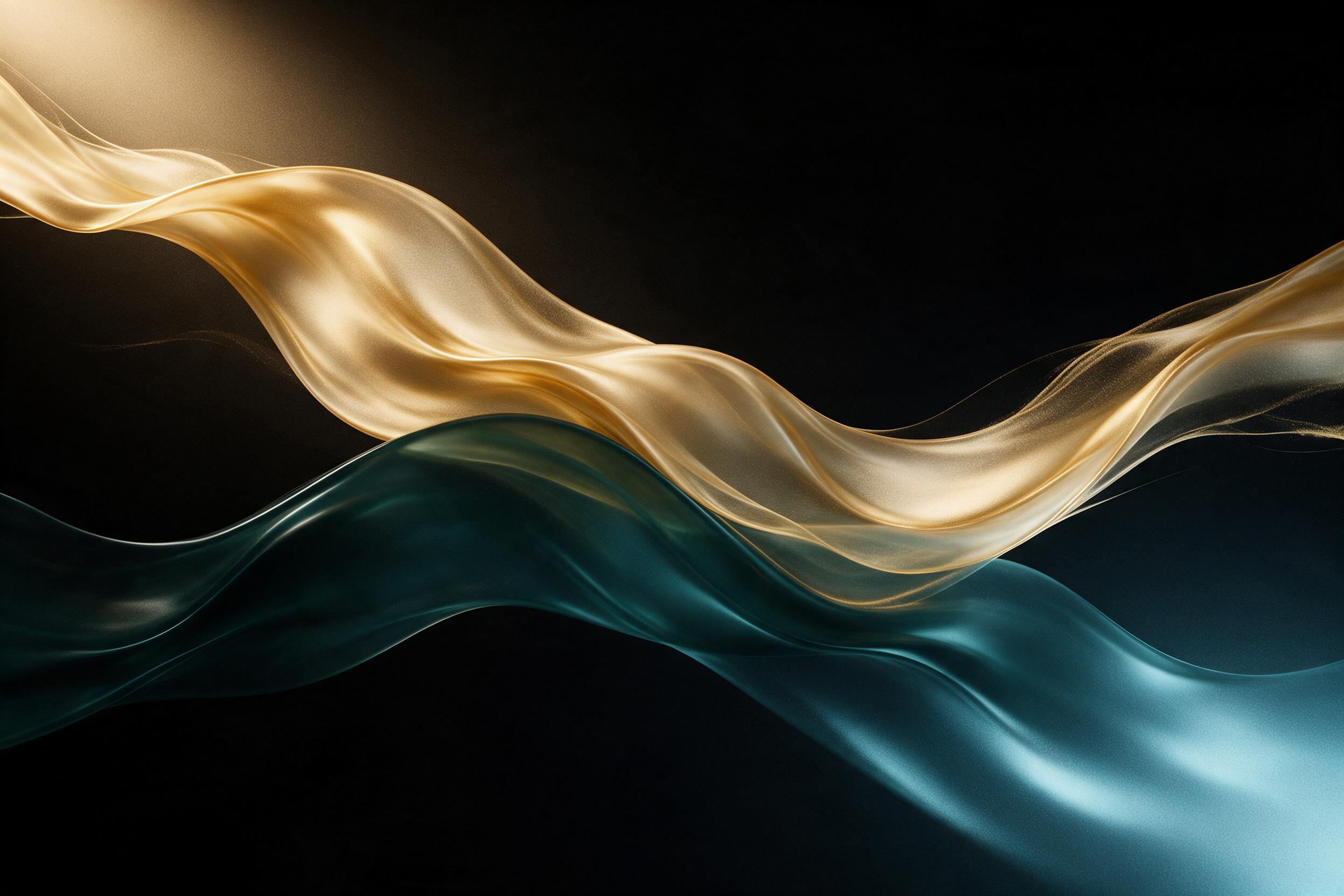 A minimalist abstract scene of flowing liquid gold and deep teal waves intersecting on a black background, with soft ripples catching warm and cool light from opposite corners, smooth gradients creating a calm, elegant fluid motion, subtle film grain adding texture, no text or sharp edges.