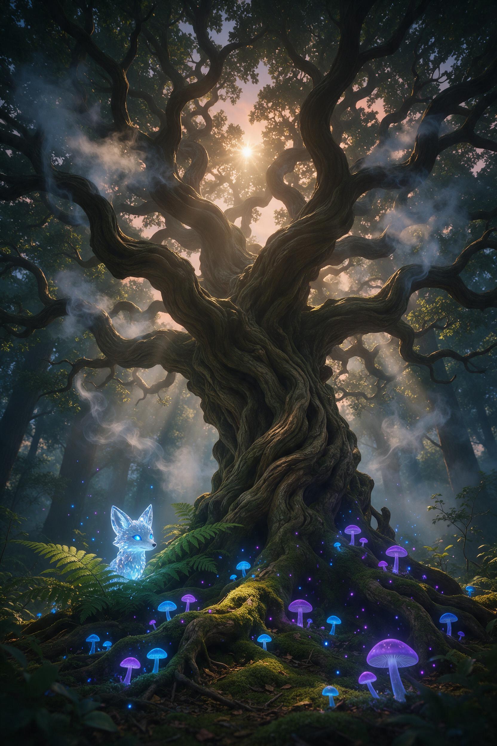 Ancient forest clearing at dusk, colossal twisted oak center stage, bioluminescent blue and purple mushrooms scattered on mossy roots, ethereal mist weaving between gnarled branches, a tiny glowing fox with crystal-like fur peeking from behind a fern, soft volumetric god rays piercing from a single 