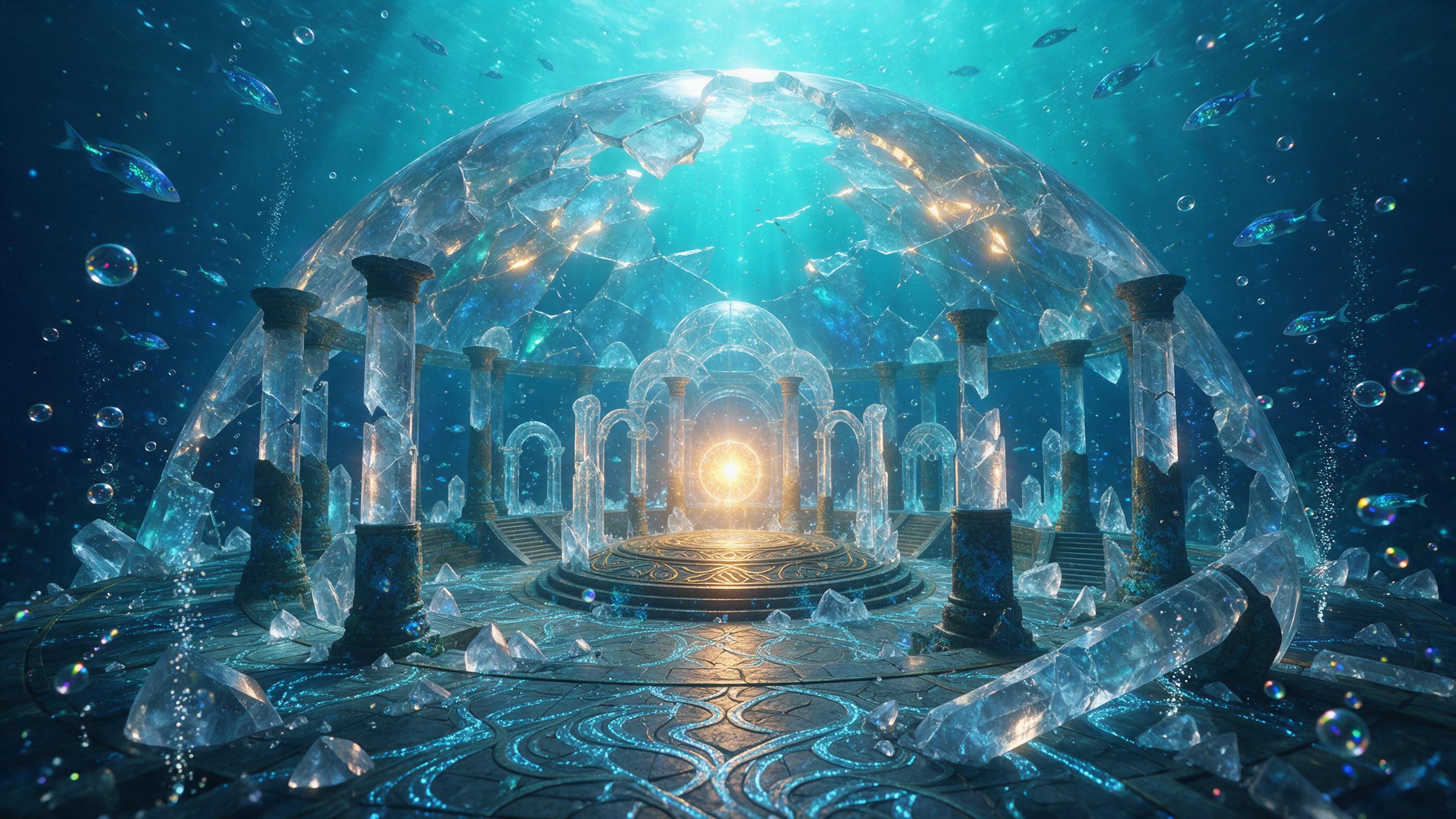 A sunken crystal palace beneath a bioluminescent ocean, turquoise light filtering through cracked domes, gentle fish swimming between ancient pillars, floating bubbles catching rainbow reflections, warm golden core glowing in the center, soft volumetric lighting, ethereal atmosphere