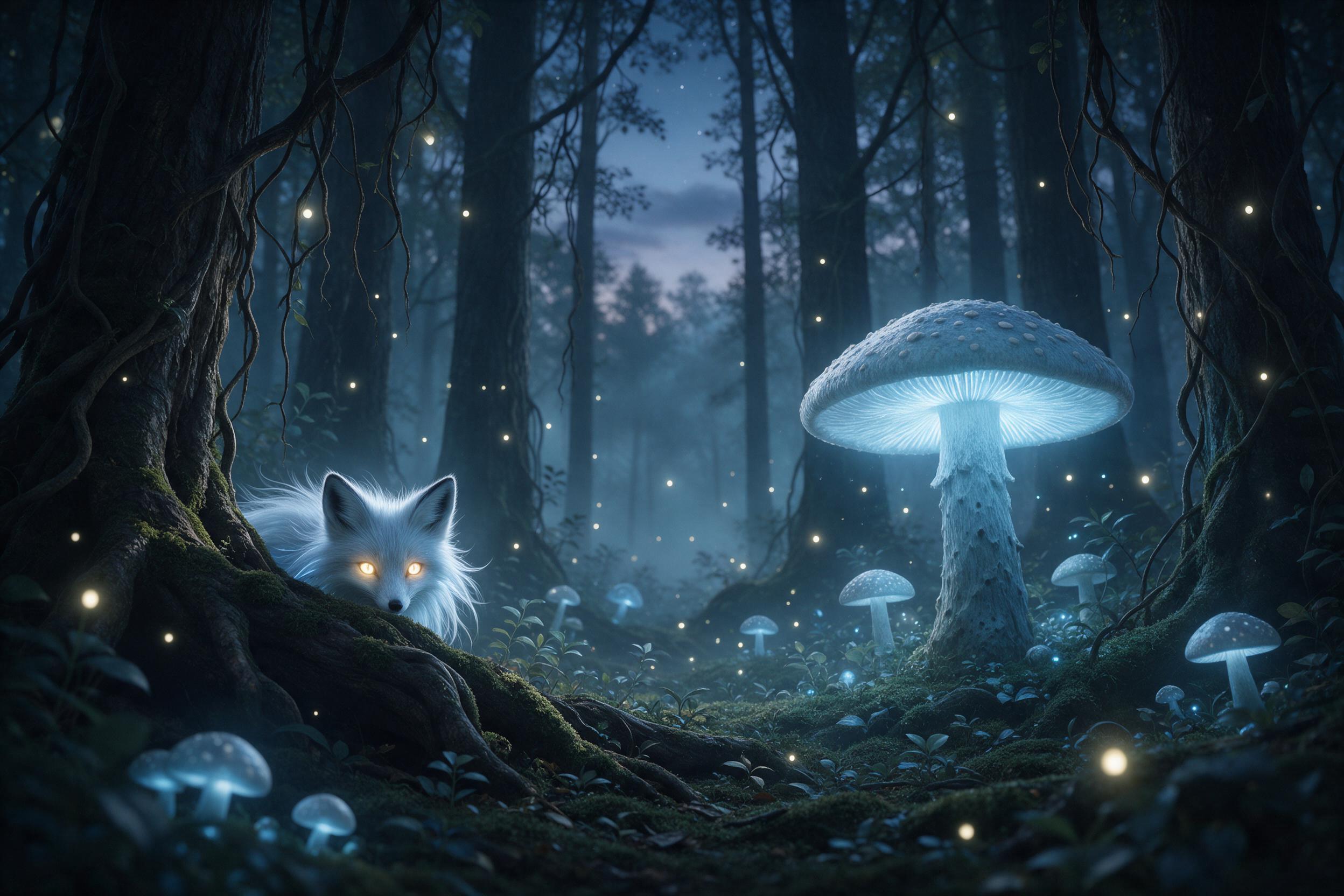 A misty ancient forest at twilight, colossal glowing mushrooms casting soft blue light on mossy ground, a tiny fox with ethereal silver fur and glowing eyes peeks from behind a root, fireflies drift through hanging vines, dappled light creates long shadows, magical atmosphere, cinematic depth, natur