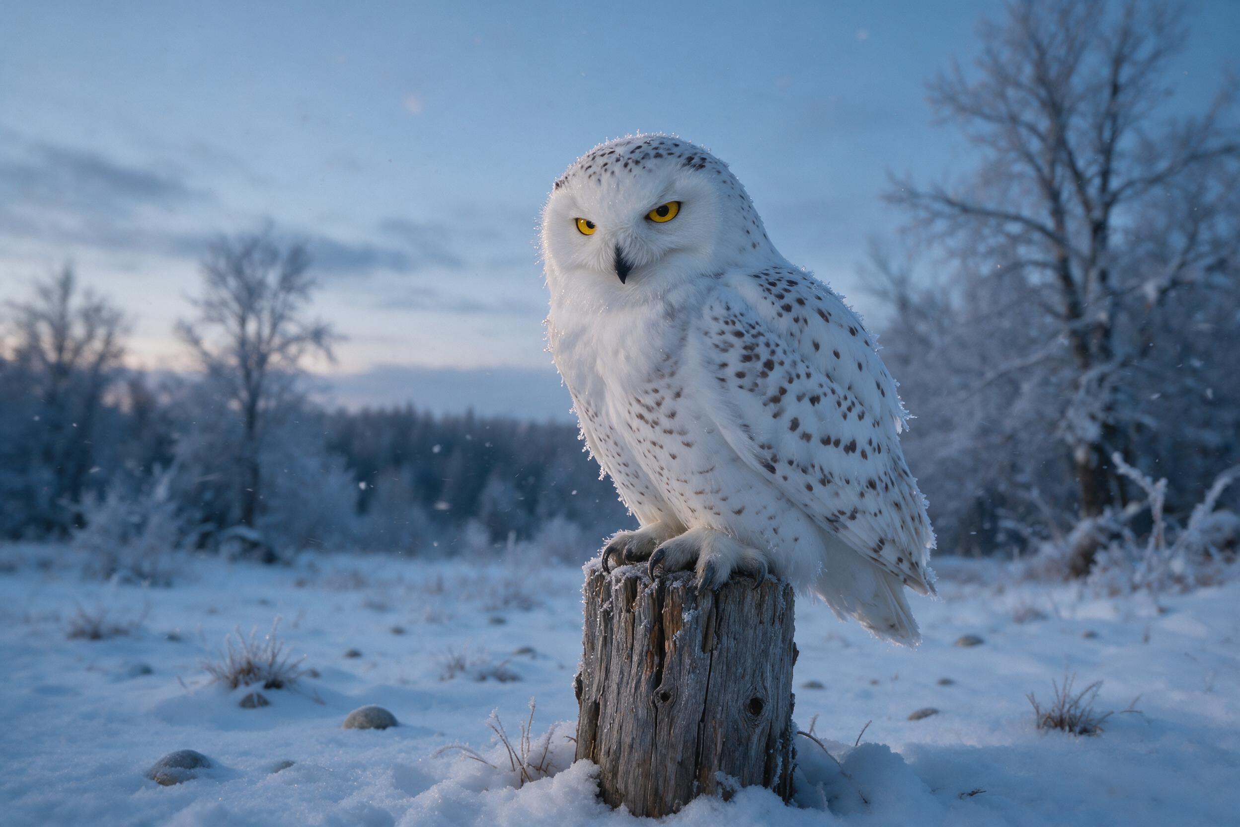 A snowy owl perched on a weathered wooden fence post at dusk, its bright yellow eyes piercing through the soft blue twilight, frost on its feathers, subtle motion blur, natural grain, shallow depth of field, misty background