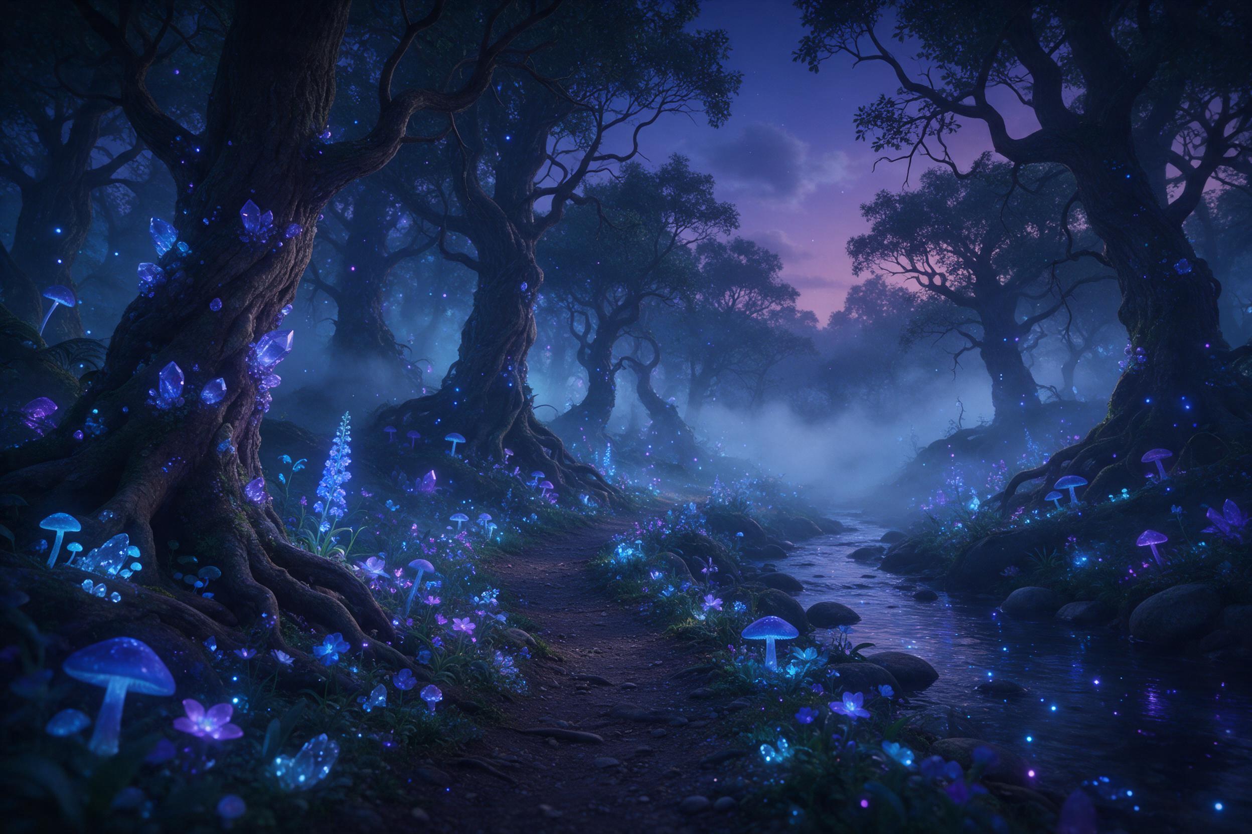 A luminous crystal forest at twilight, where bioluminescent mushrooms and flowers emit soft blue and purple glow. Mist curls between ancient, twisted trees. A small stream reflects the ethereal light, casting gentle ripples. Composition centers on a winding path leading into the glowing depths, with