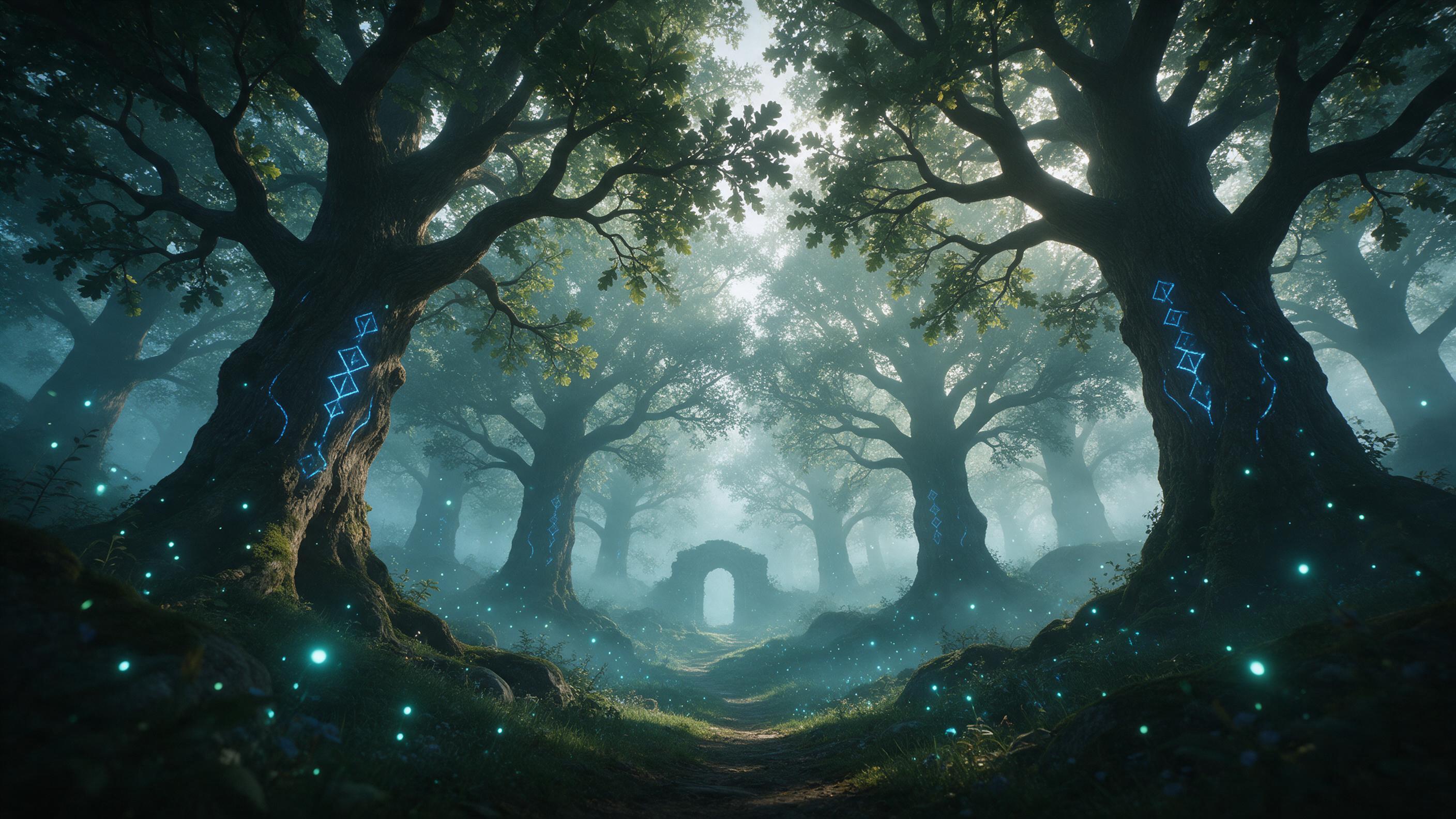 A misty enchanted forest at dawn, ancient oak trees with glowing blue runes carved into bark, floating fireflies casting soft teal light, a winding path leading to a distant stone archway, ethereal fog, cinematic composition with low angle view, natural lighting from above.