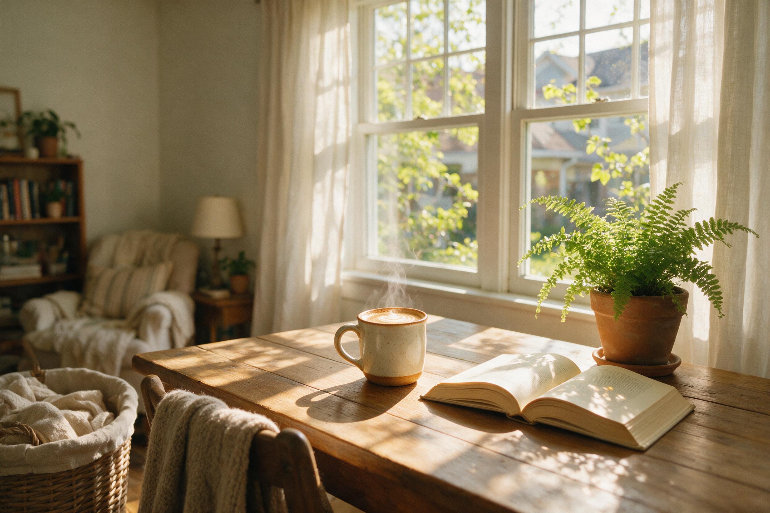 A cozy interior scene with morning light streaming through a large window, casting soft shadows on a wooden table. A warm cup of coffee and an open book rest on the table, with a delicate fern plant nearby. Soft, natural lighting, shallow depth of field, slightly grainy, evoking a calm, homey atmosp