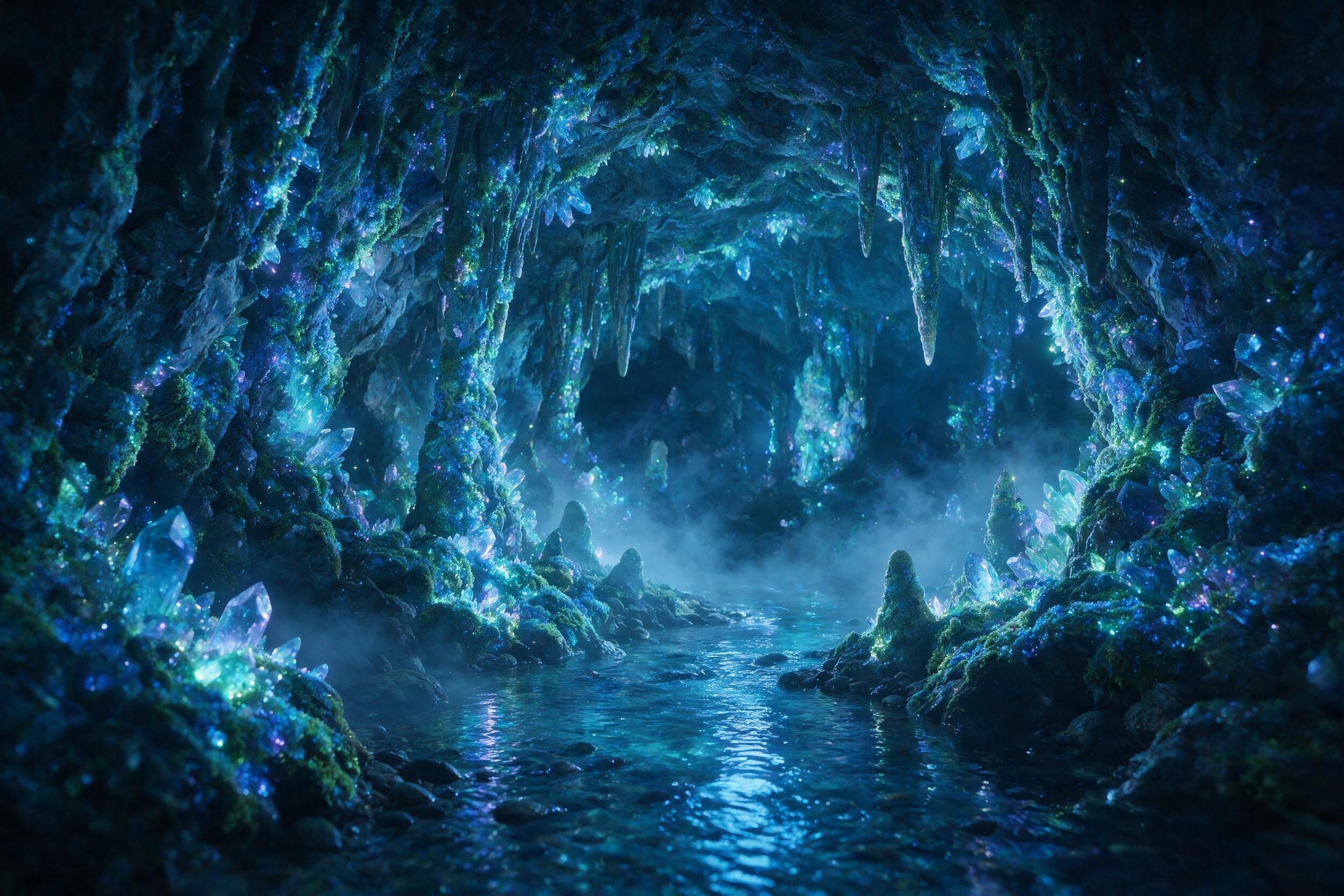 A luminous crystal cave deep underground, glowing bioluminescent moss covering jagged walls, a small stream reflecting soft blue light, mist rising from the water, slight camera shake, natural cool tones, mysterious atmosphere, no people or artificial objects.