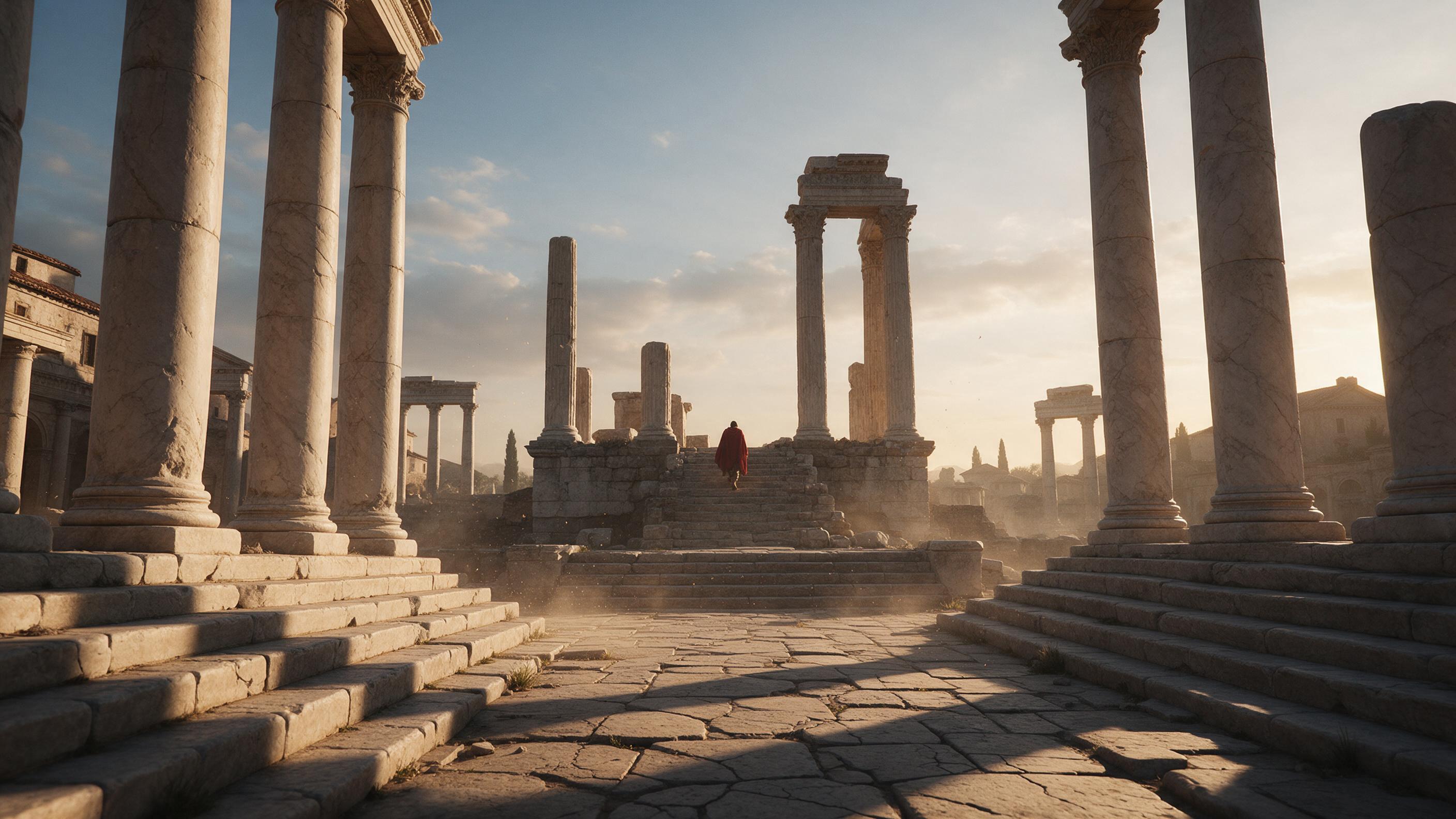 A sweeping view of a classical Roman forum at dawn, soft golden light casting long shadows across weathered marble columns and cracked stone steps. A lone traveler in a red cloak ascends the remnants of a temple podium, dust motes floating in the warm air. Composition uses converging lines from the 