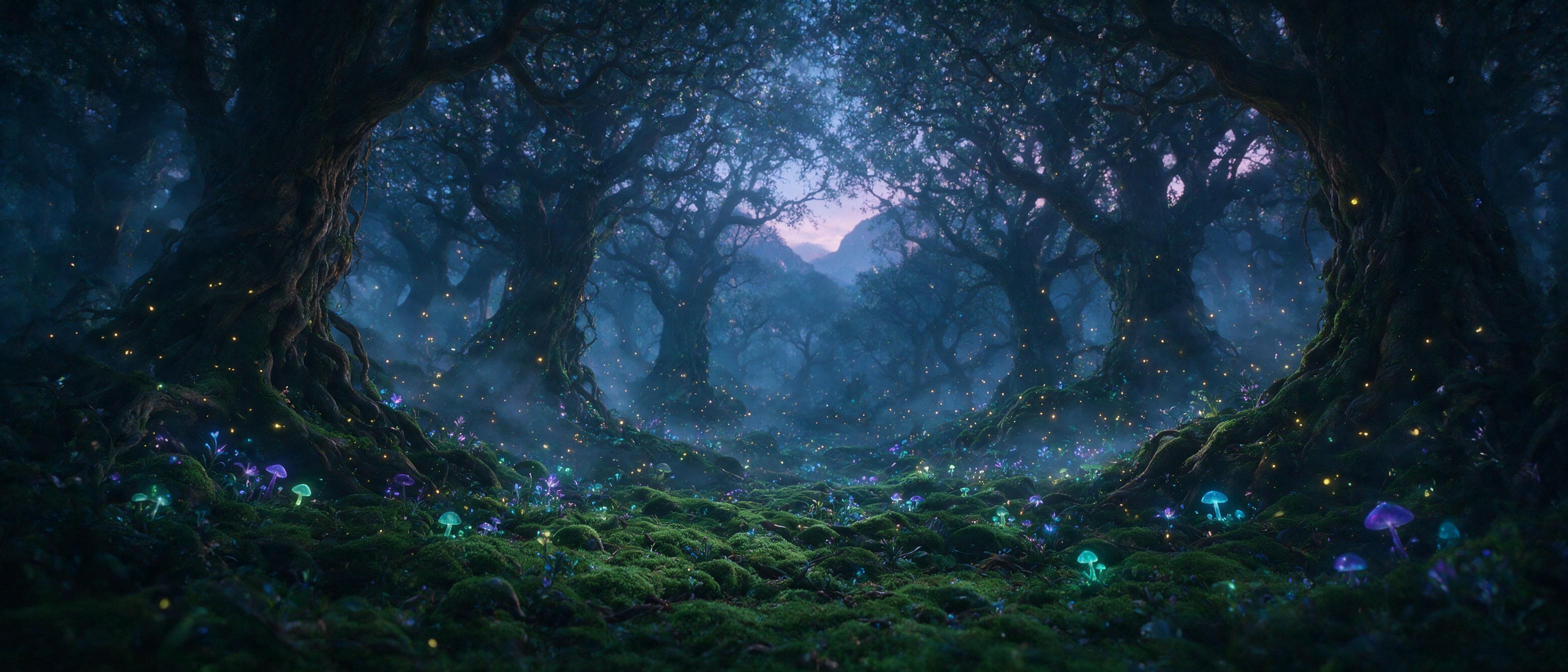 Enchanted forest at twilight, glowing mushrooms and luminescent flowers scattered on mossy ground, ancient gnarled trees with twisted roots, soft mist weaving between trunks, ethereal blue and purple light filtering through canopy, fireflies dancing in the air, deep shadows, cinematic composition, m