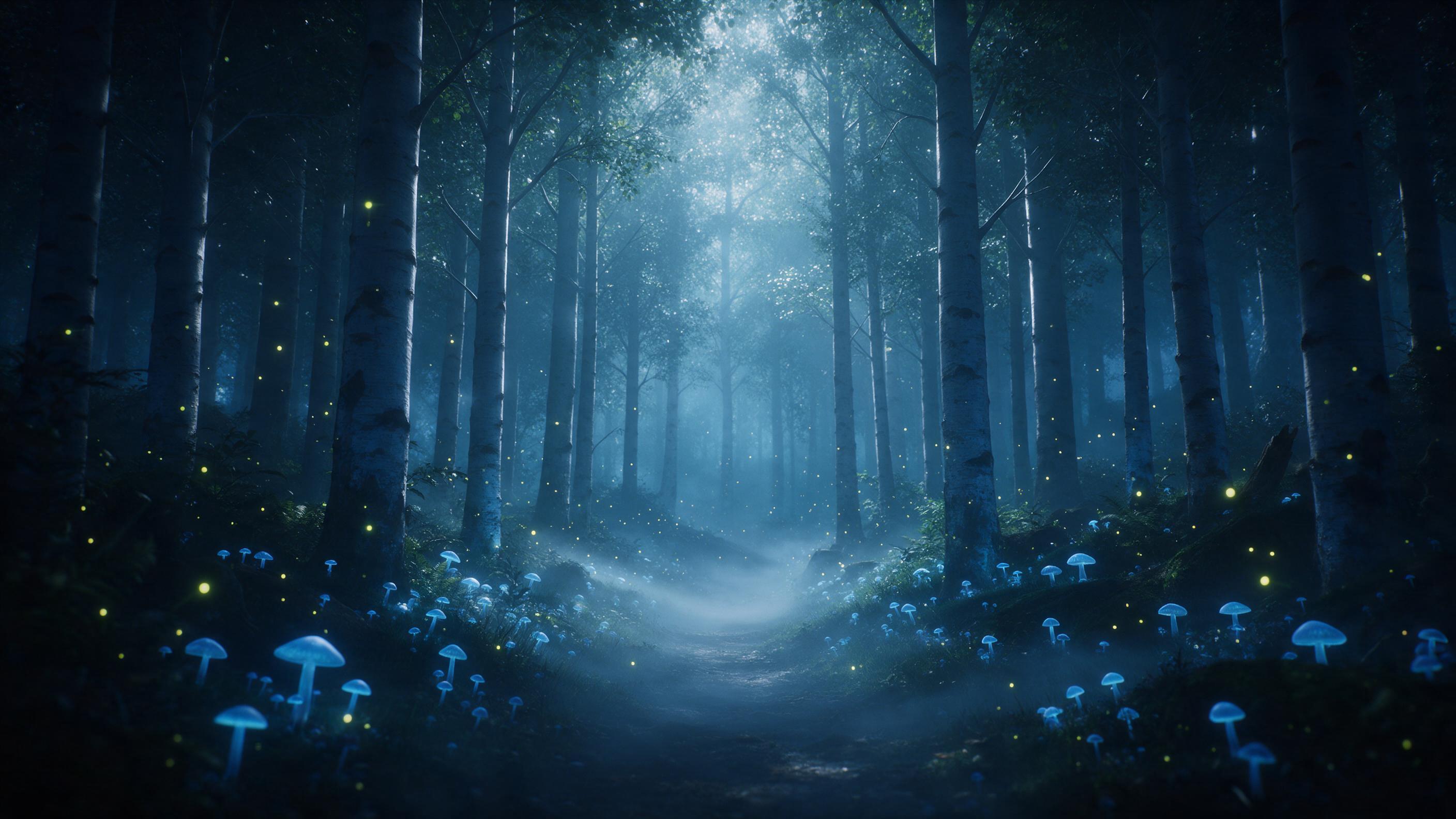 A moonlit enchanted forest with towering silver trees, glowing blue mushrooms, and a misty path winding through, fireflies drifting in the air, soft ethereal light filtering through canopy, gentle fog, mysterious atmosphere, cinematic composition