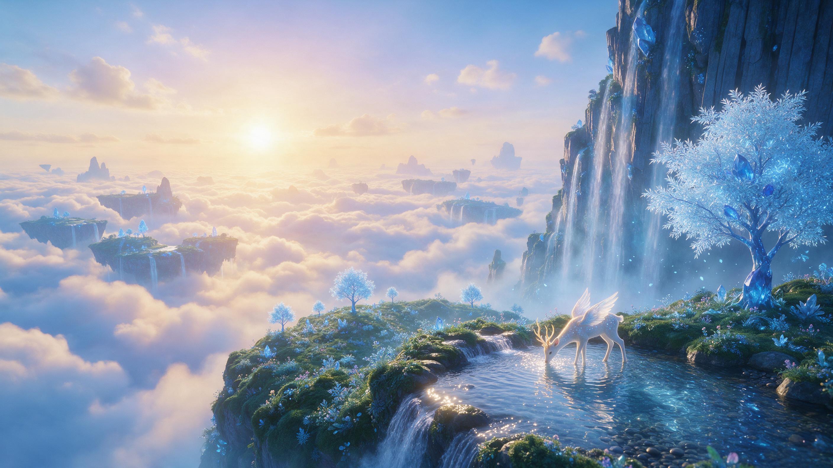 An ethereal floating island above a sea of clouds at dawn, glowing crystal trees with soft blue light, waterfall cascading into the mist below, small winged deer drinking from a shimmering pool, warm golden sunlight breaking through, wide angle, gentle color gradient, intricate details in flora and 