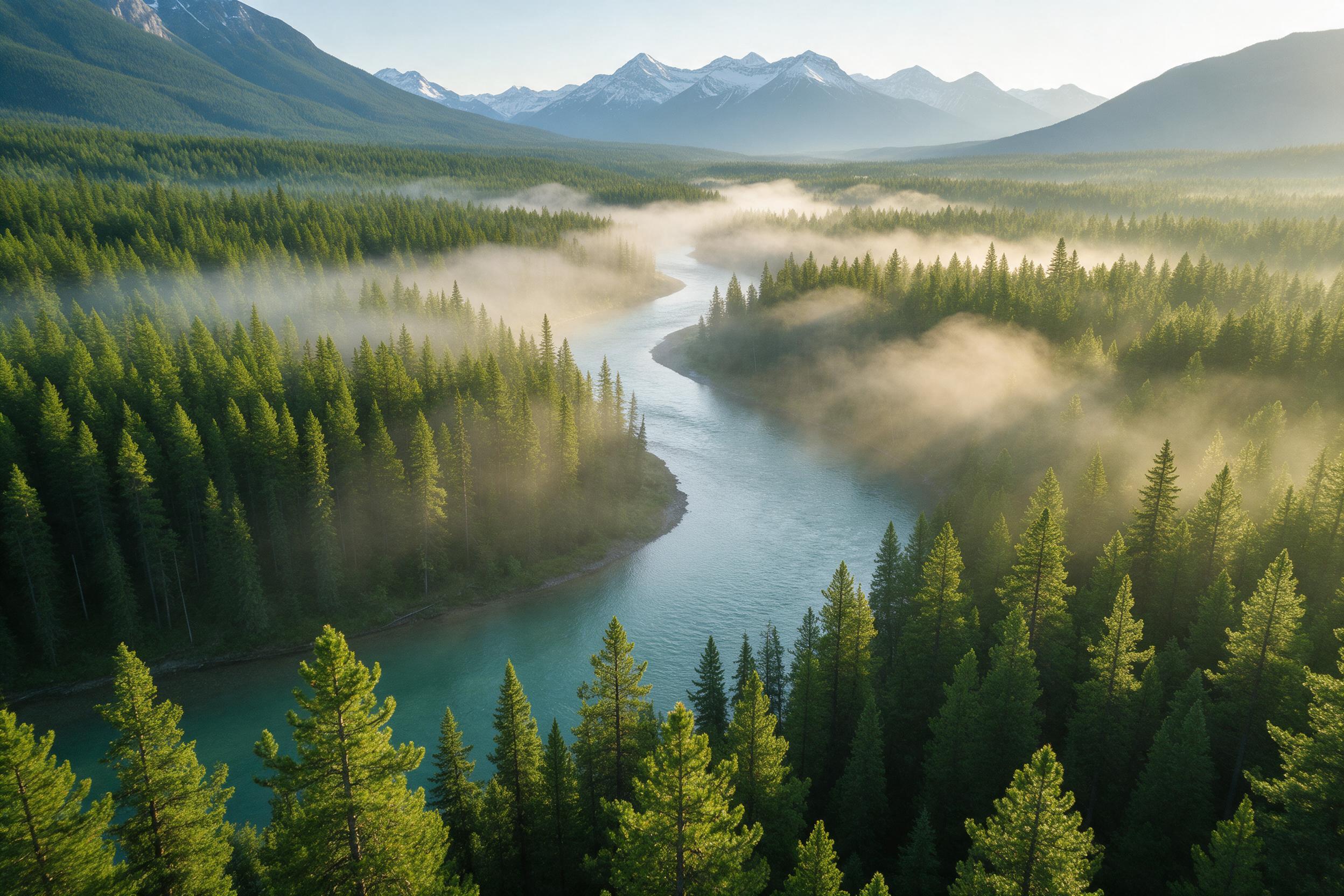 An aerial view of a winding turquoise river cutting through a dense emerald pine forest at dawn. Soft morning mist rises between the trees, catching golden sunlight. Composition leads the eye from the foreground treetops along the river's curve to distant snow-capped mountains. Natural, unpolluted w