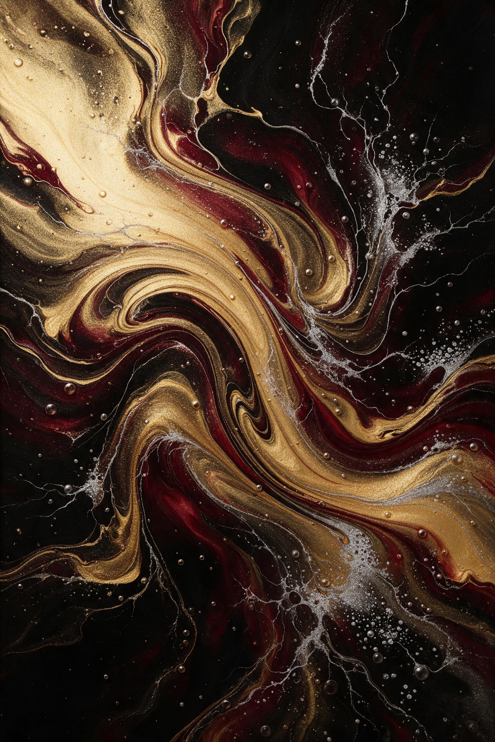 Abstract fluid art on black canvas, swirling ribbons of molten gold and deep crimson, metallic silver veins branching through, soft gradient lighting from upper left, delicate micro-bubbles frozen in glossy resin, subtle grain texture, no text, no watermark