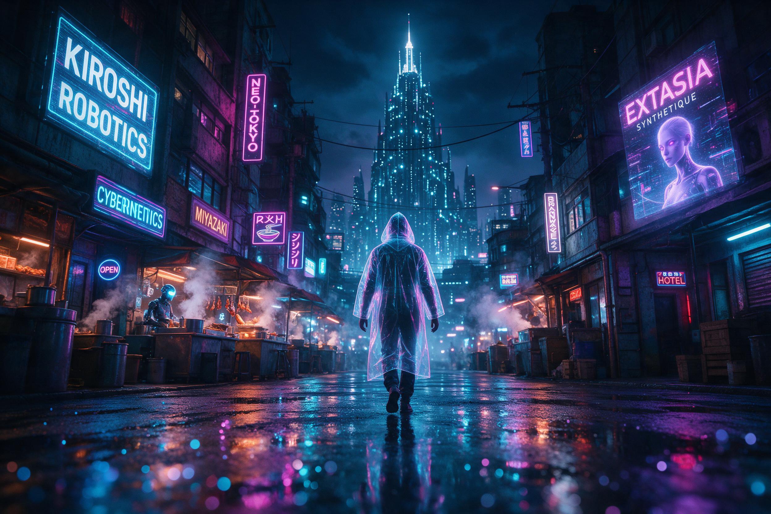 A neon-lit cyberpunk market alley at night, rain-slicked asphalt reflecting holographic storefronts, steam rising from food stalls, a lone figure in a translucent raincoat walking toward a distant towering megastructure, moody cyan and magenta rim lighting, shallow depth of field with slight motion 
