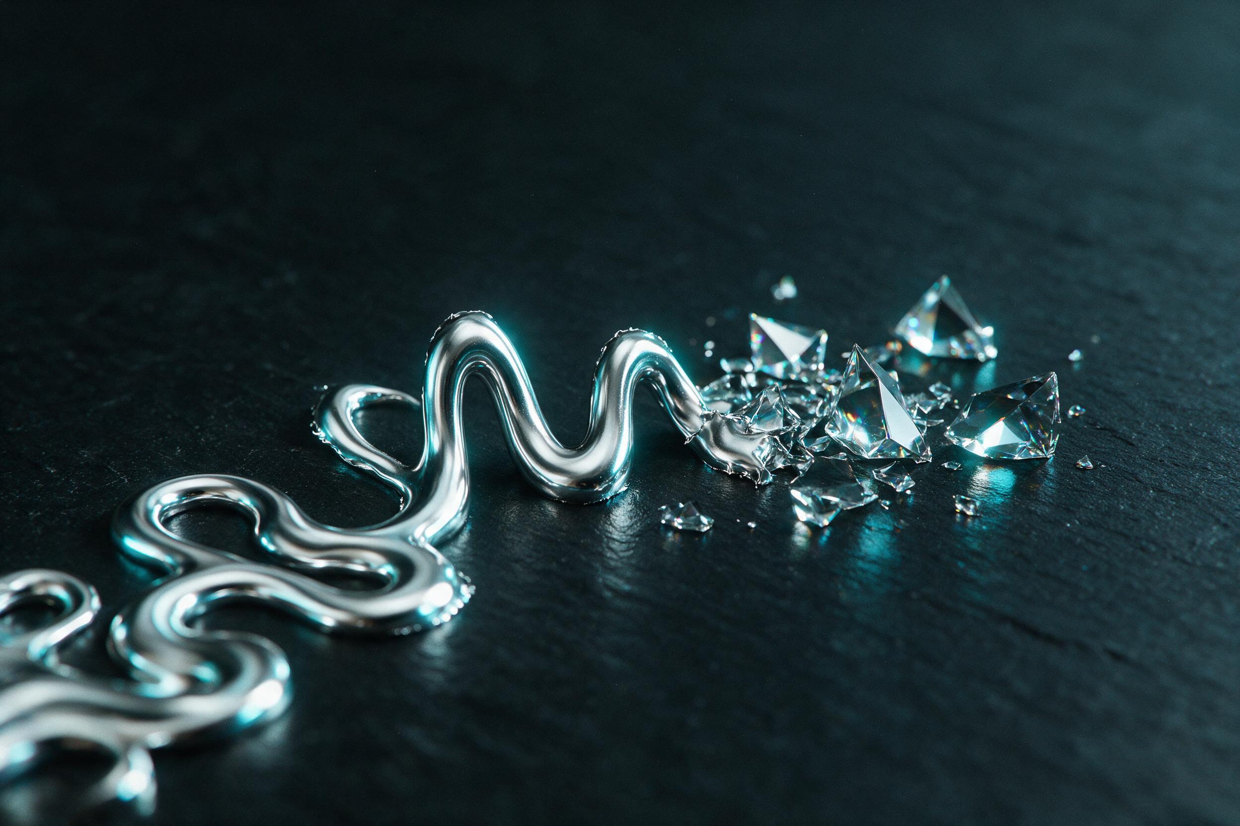 Liquid silver ink swirls across black slate, forming a sine wave that fractures into prismatic shards; macro view, shallow depth of field, cool cyan rim light, soft reflections, minimalist composition with negative space, subtle grain.