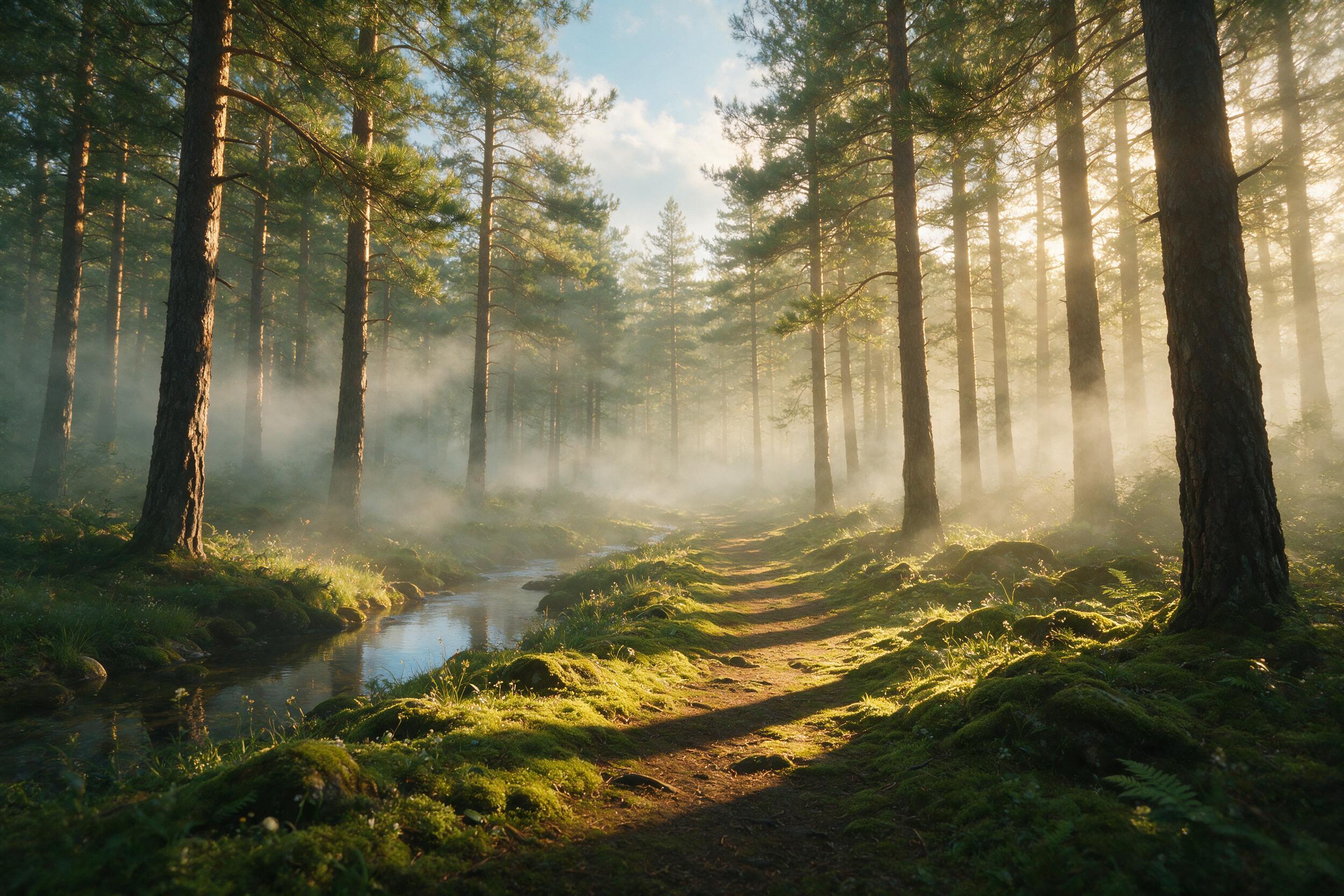 A misty pine forest at dawn, low golden sunlight filtering through the trees, long shadows on a moss-covered path, a small stream reflecting the sky, soft haze in the air, muted green and amber tones, tranquil atmosphere, wide-angle composition with a clear foreground path leading into the distance.
