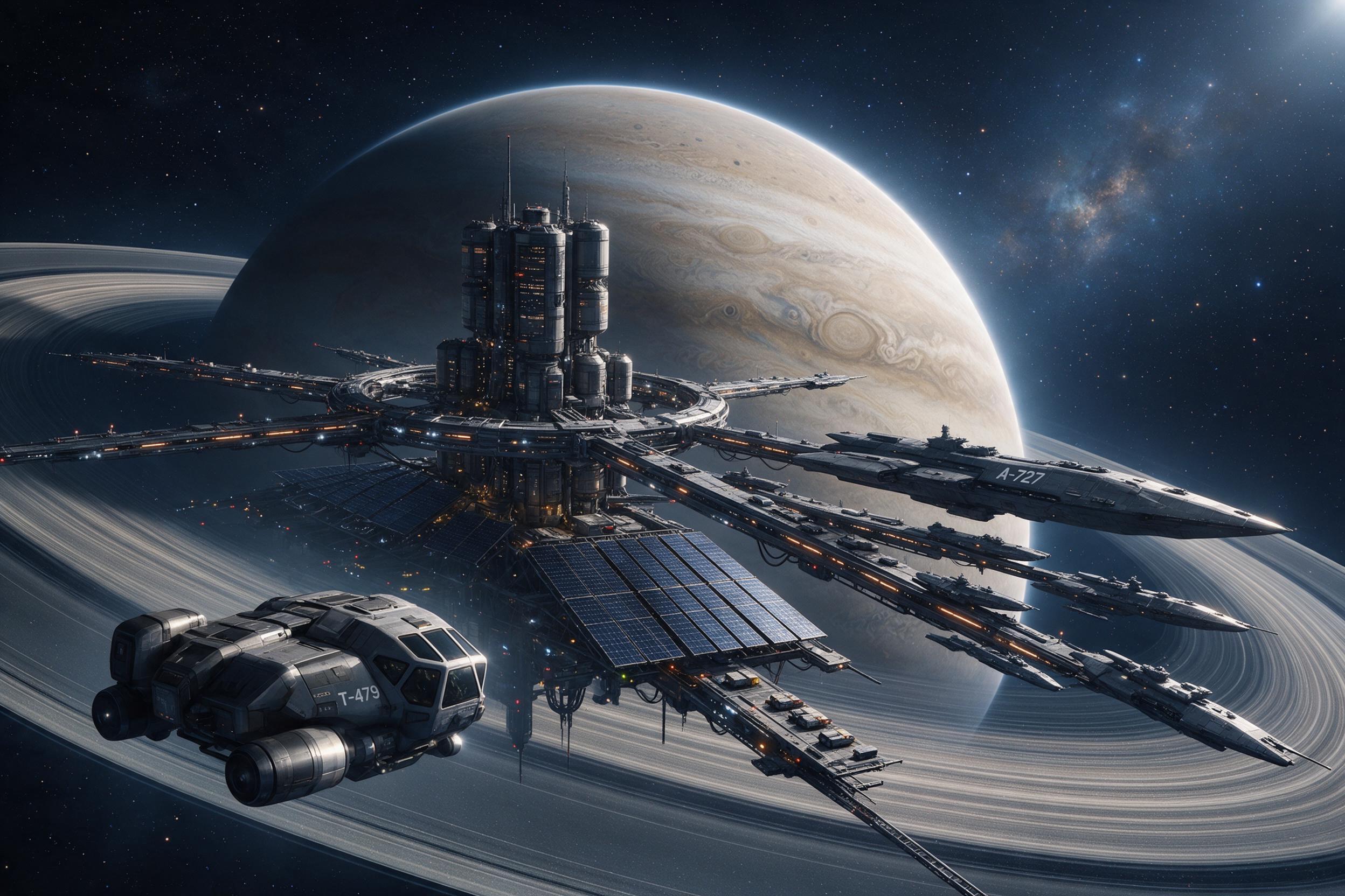 A vast orbital shipyard above a ringed planet, with sleek starships docked along glowing docking arms, sunlight catching the hulls, a worker shuttle drifting in the foreground, massive solar panels and cables, the planet's rings stretching across the dark starry sky, a faint nebula in the distance, 