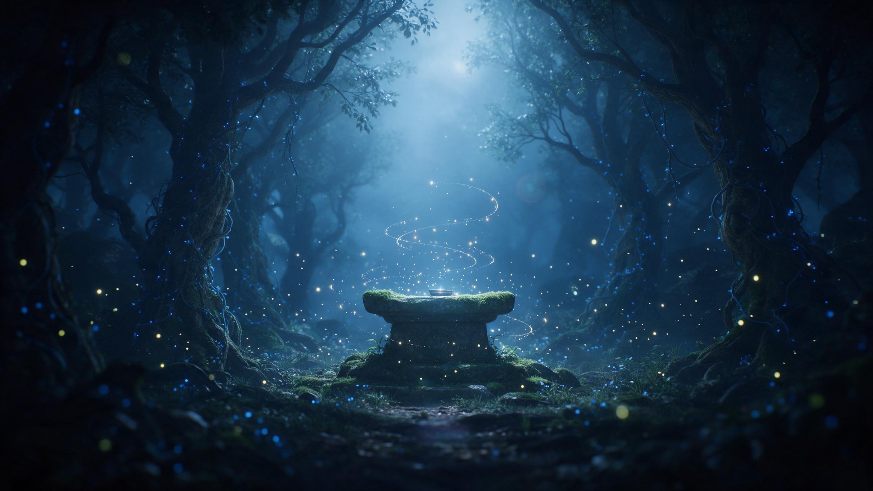 A misty moonlit forest clearing, ancient gnarled trees entwined with glowing blue vines, ethereal fireflies spiraling around a moss-covered stone altar, soft volumetric moonlight, deep shadows, tranquil mystical atmosphere, shallow depth of field, faint lens flare, no people.