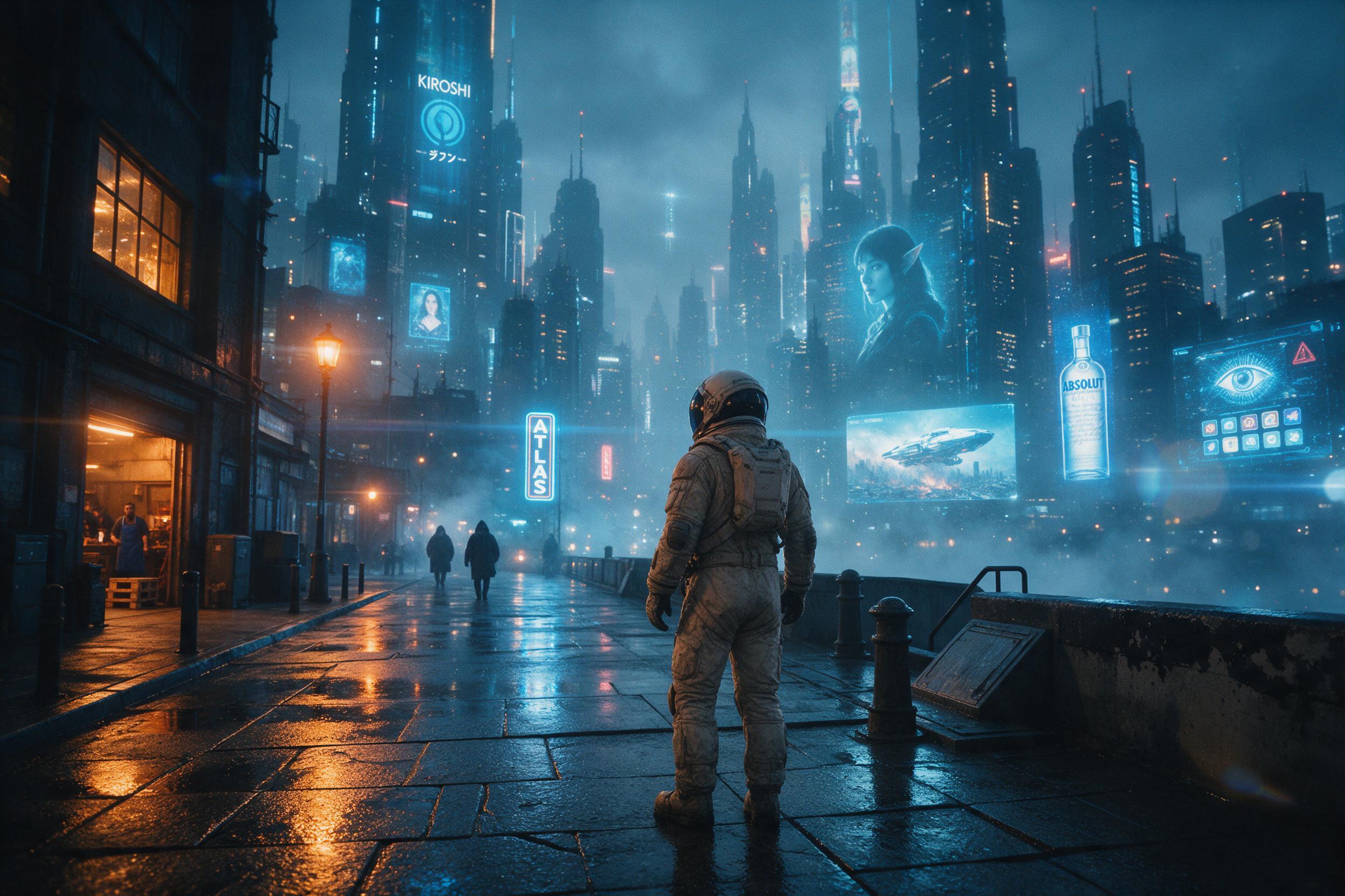 A lone astronaut stands on a rain-slicked neon-lit street, overlooking a futuristic city skyline with holographic billboards, atmospheric fog, warm orange light contrasting with cool blue glow, subtle lens flare, cinematic composition
