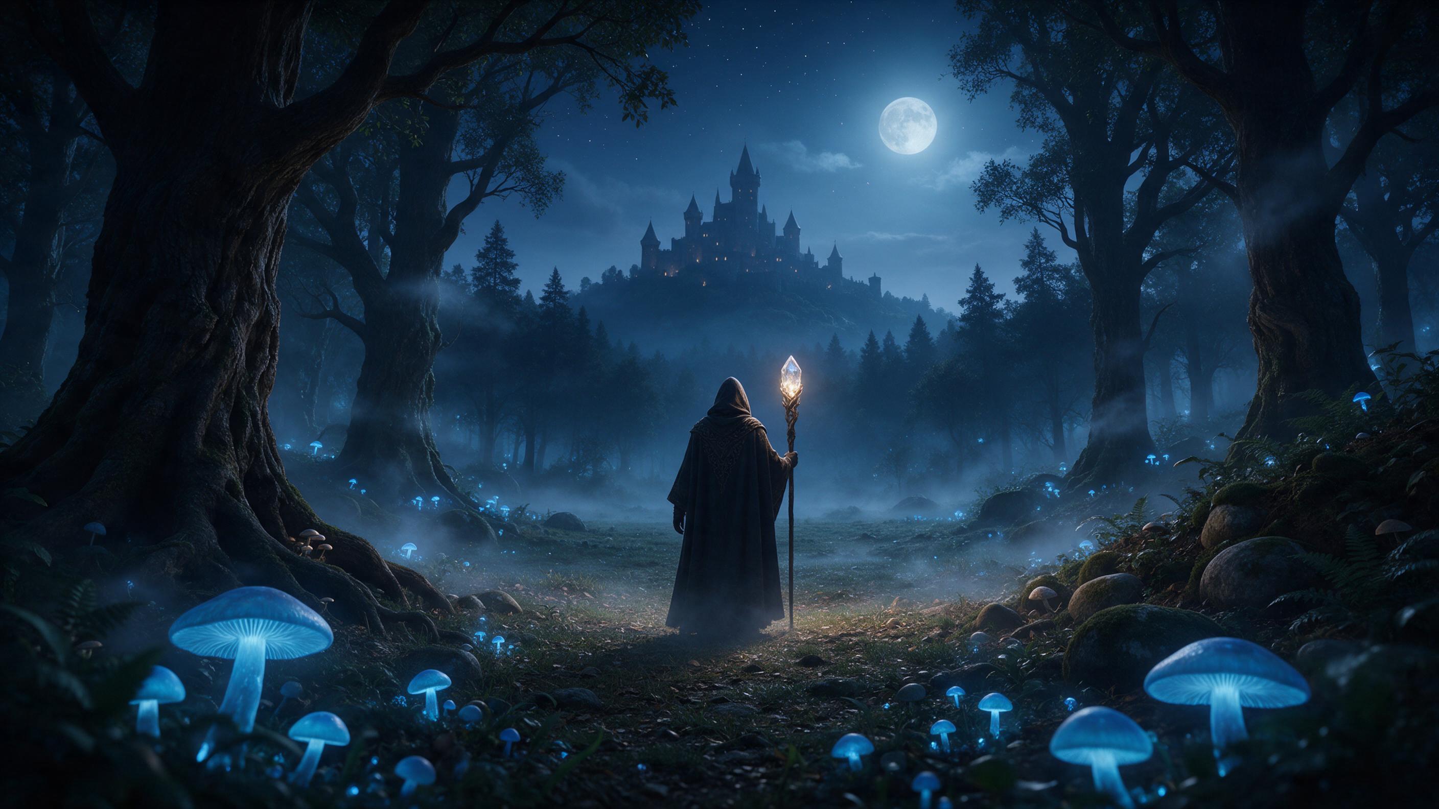 A moonlit forest clearing with bioluminescent mushrooms casting soft blue glow, a cloaked figure holding a glowing crystal staff, mist weaving between ancient trees, distant castle silhouette on hill, ethereal atmosphere, cinematic composition
