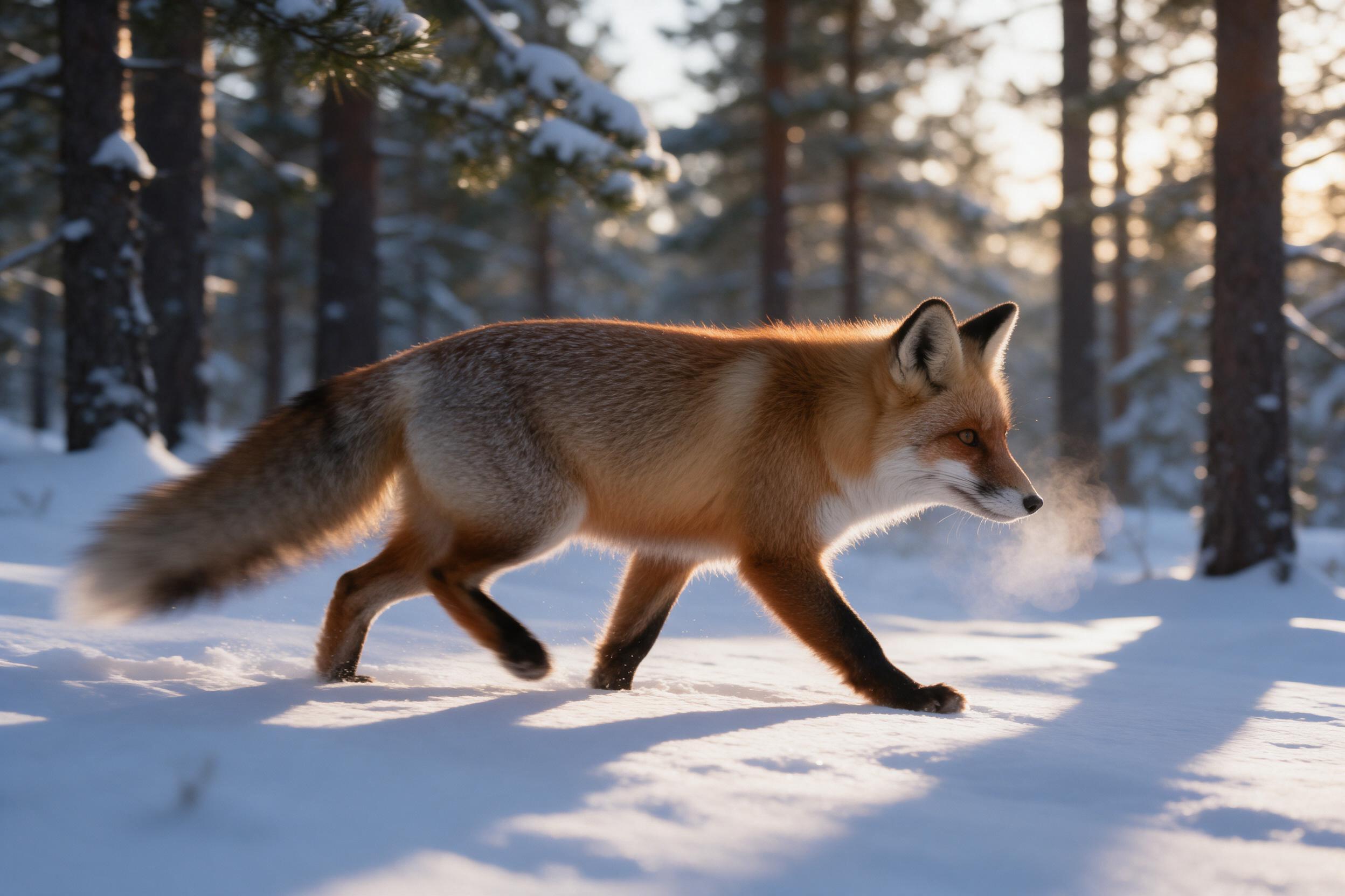 A red fox stalks through a snow-dusted pine forest at dawn, its breath visible in the cold air. Soft golden side light filters through trees, casting long shadows on pristine snow. Close-up telephoto composition, shallow depth of field, fur details sharp, natural motion blur on tail.